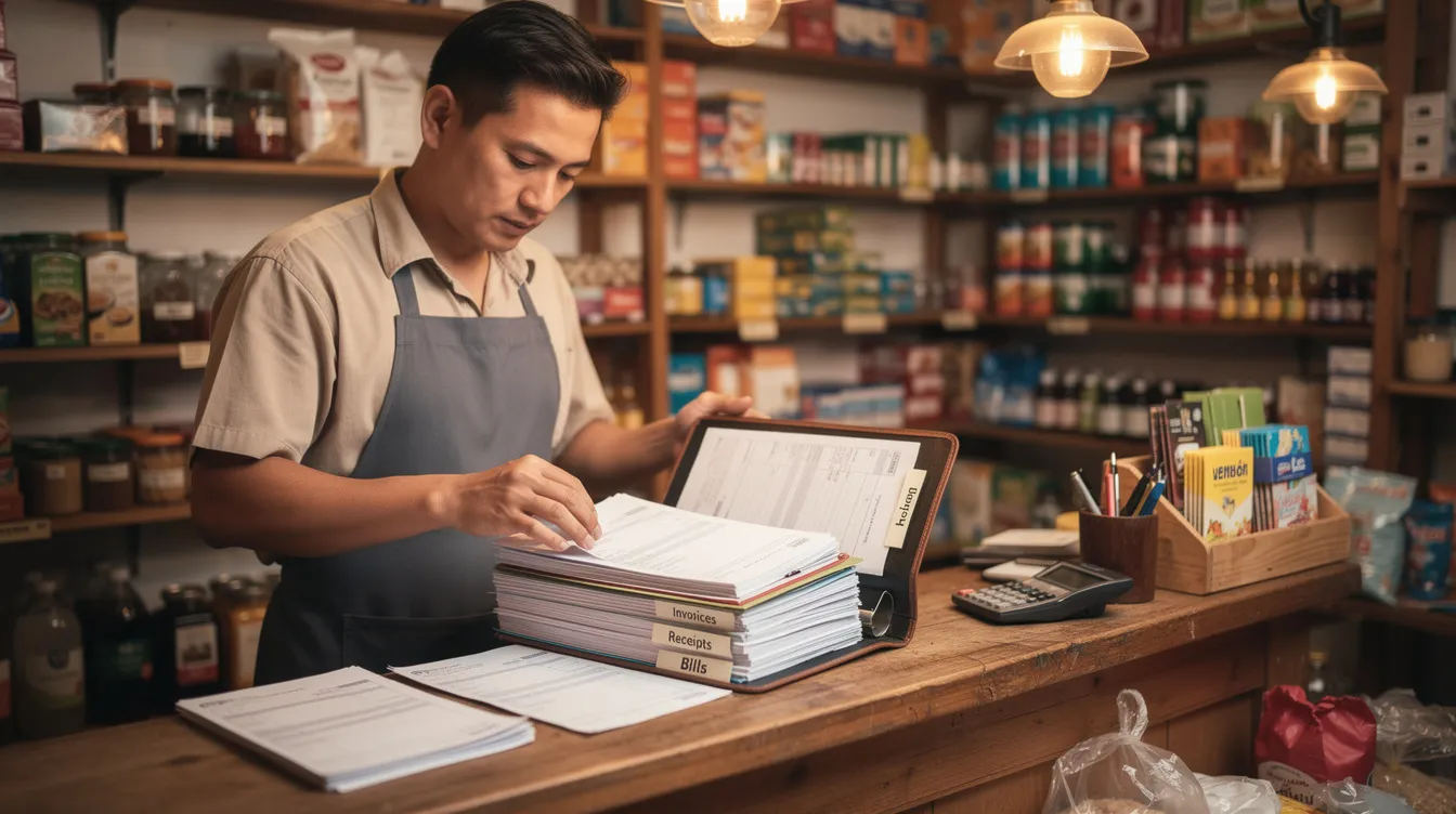 A shopkeeper is meticulously organizing various business documents and bills into a filing folder at a small retail shop, ensuring that all required documents for loan applications, such as business registration and identity proof, are neatly arranged for easy access. This careful organization supports the shopkeeper's business operations and cash flow management, crucial for successfully availing financing options like mudra loans.