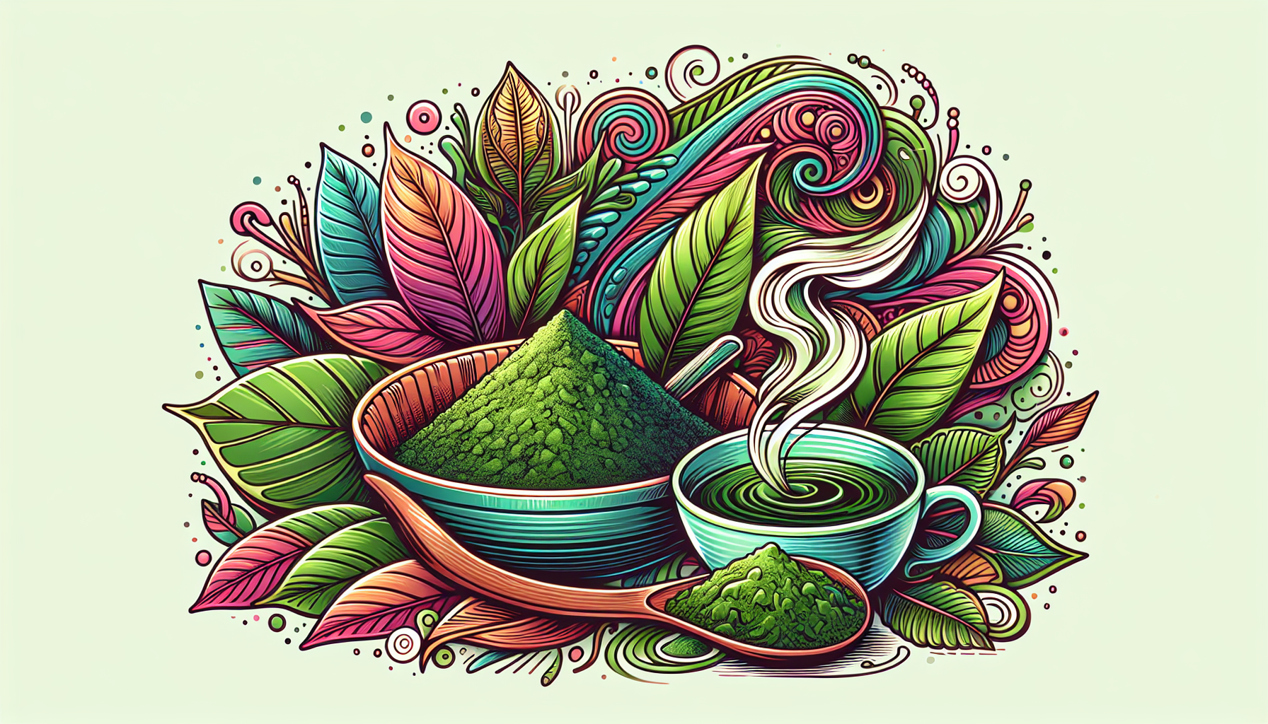 Illustration of different forms of kratom use, including powder and tea.