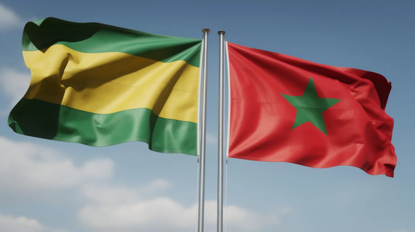 Imagem de duas bandeiras tremulando ao vento, uma verde e amarela representando o Brasil e outra vermelha com uma estrela verde simbolizando Marrocos, em um contexto que remete à Copa do Mundo da FIFA. As bandeiras estão lado a lado, evocando a expectativa de um confronto entre Brasil e Marrocos.