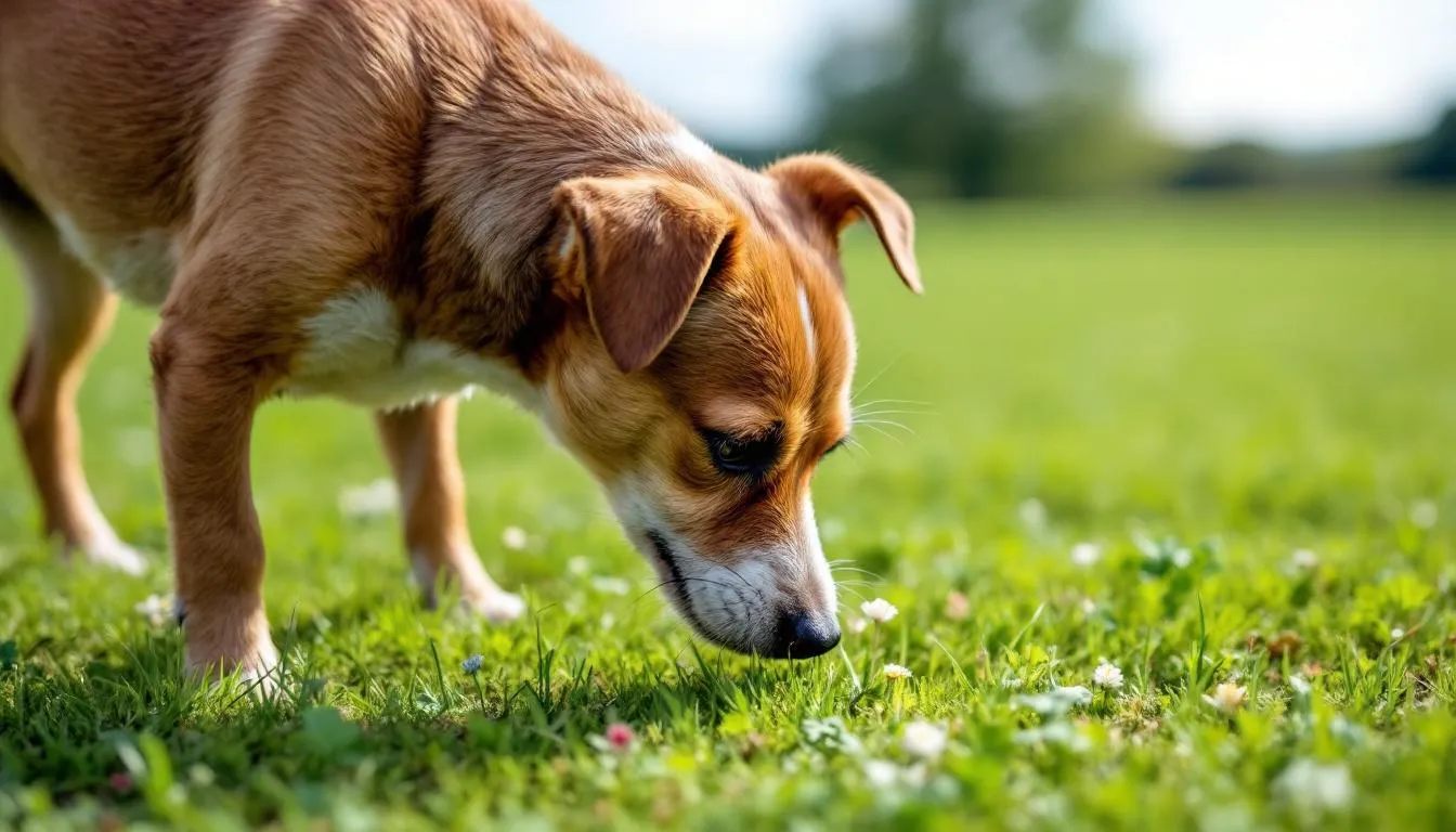 A small terrier dog is sniffing around in a grassy area, carefully examining various spots to gather information about scents left by other dogs and animals. This behavior showcases the dog