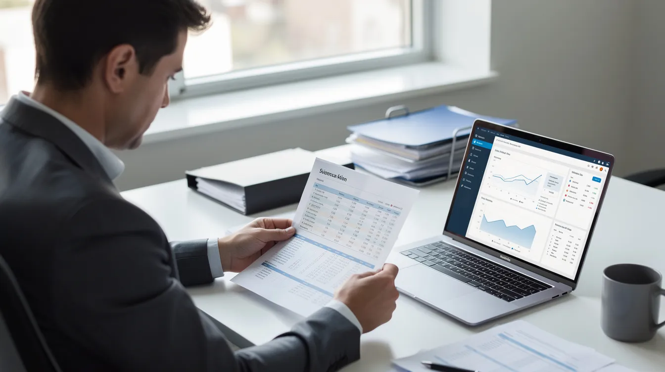 A person is sitting at a desk, intently reviewing financial documents while a laptop is open in front of them. The scene suggests a focus on understanding details such as the actual annual interest rate and monthly repayment amounts related to private loans.