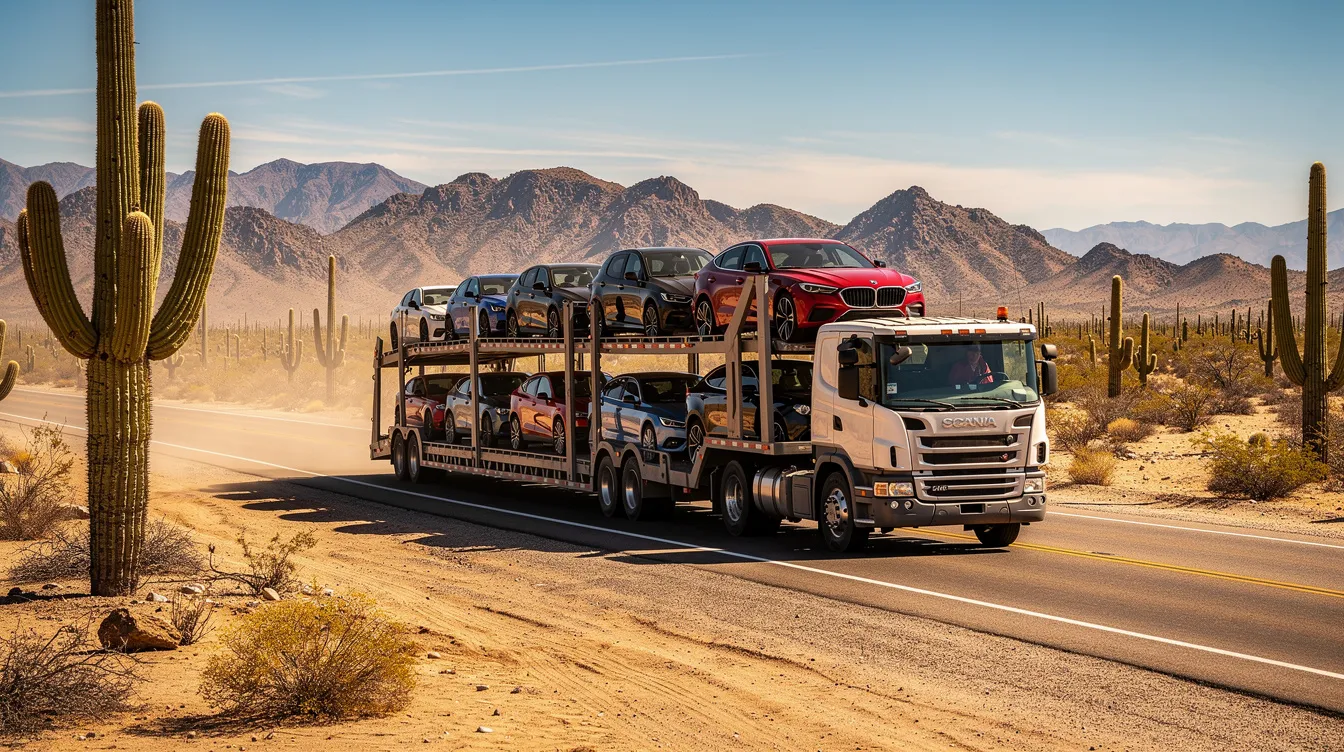 A car carrier truck drives through the Arizona desert, showcasing a landscape filled with cacti and distant mountains. This scene highlights the auto transport services available in Arizona, emphasizing the vehicle transport options for those shipping cars across the state.