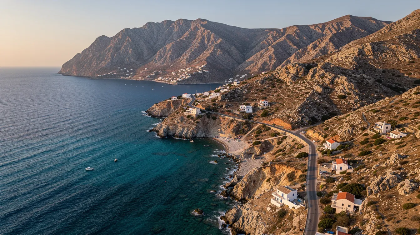 Die Luftaufnahme zeigt die malerische Küste Kretas mit majestätischen Bergen, die sanft ins tiefblaue Meer abfallen. Diese atemberaubende Landschaft ist ideal für einen "all inclusive Urlaub" in Griechenland, wo Erholung und Natur in perfekter Harmonie vereint sind.