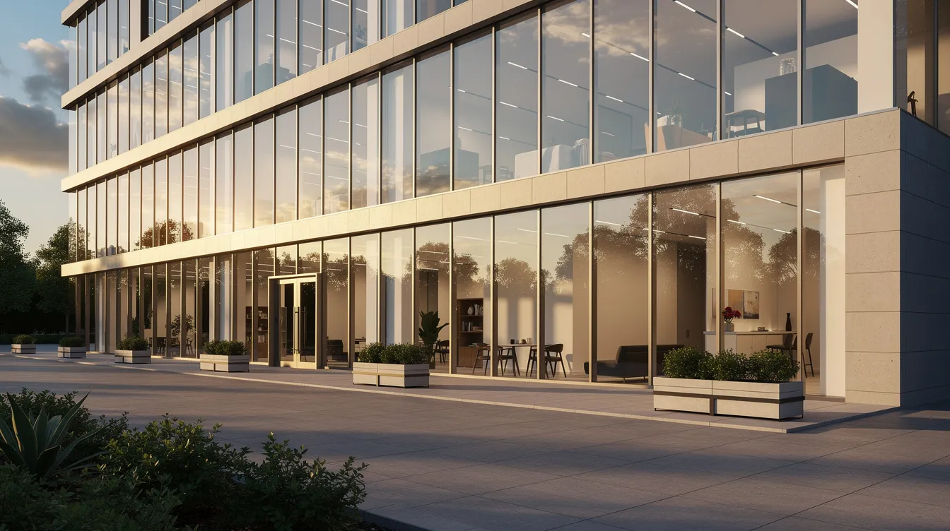 The image depicts a modern commercial building with expansive glass windows that beautifully reflect the warm afternoon sunlight. This sleek design is ideal for business to business franchises, providing a professional environment for franchise owners and aspiring entrepreneurs to thrive.