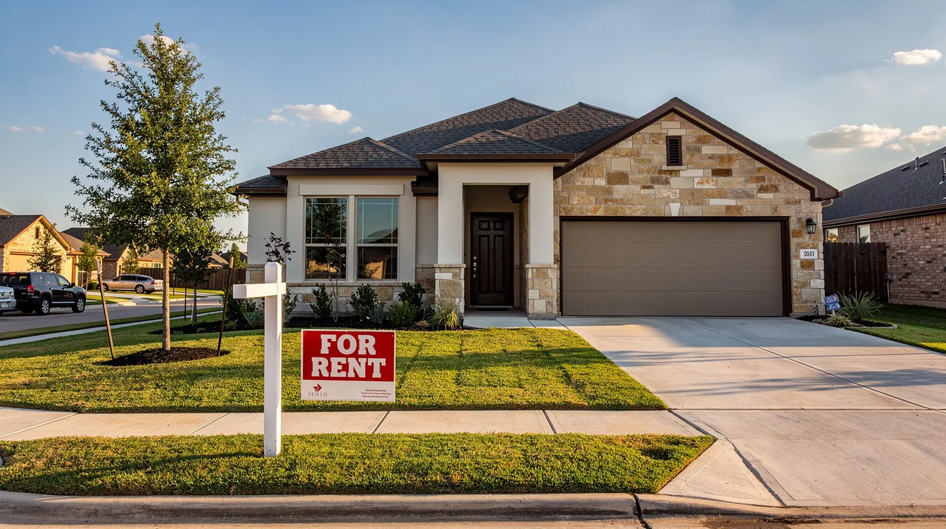 The image depicts a modern single-family home situated in a Texas suburb, prominently featuring a "for-rent" sign in the front yard, indicating its availability for rental income. This property could be an attractive option for real estate investors looking to enhance their portfolio in the Texas real estate market.