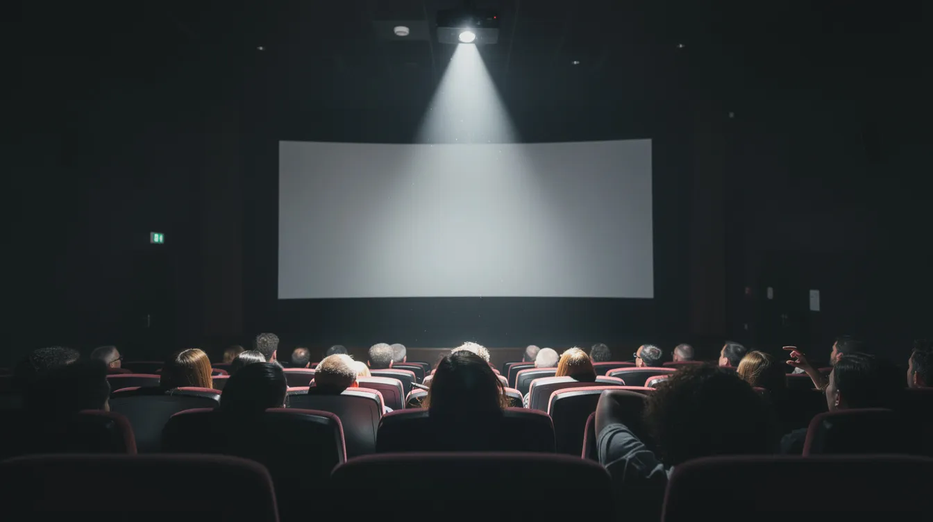 Der dunkle Kinosaal zeigt von hinten betrachtet die Silhouetten von Zuschauern, während ein heller Lichtstrahl des Projektors auf die große Leinwand fällt. Diese Szene ist ein Teil der Filmgeschichte und erinnert an die besten Filme aller Zeiten, die das Kino geprägt haben.
