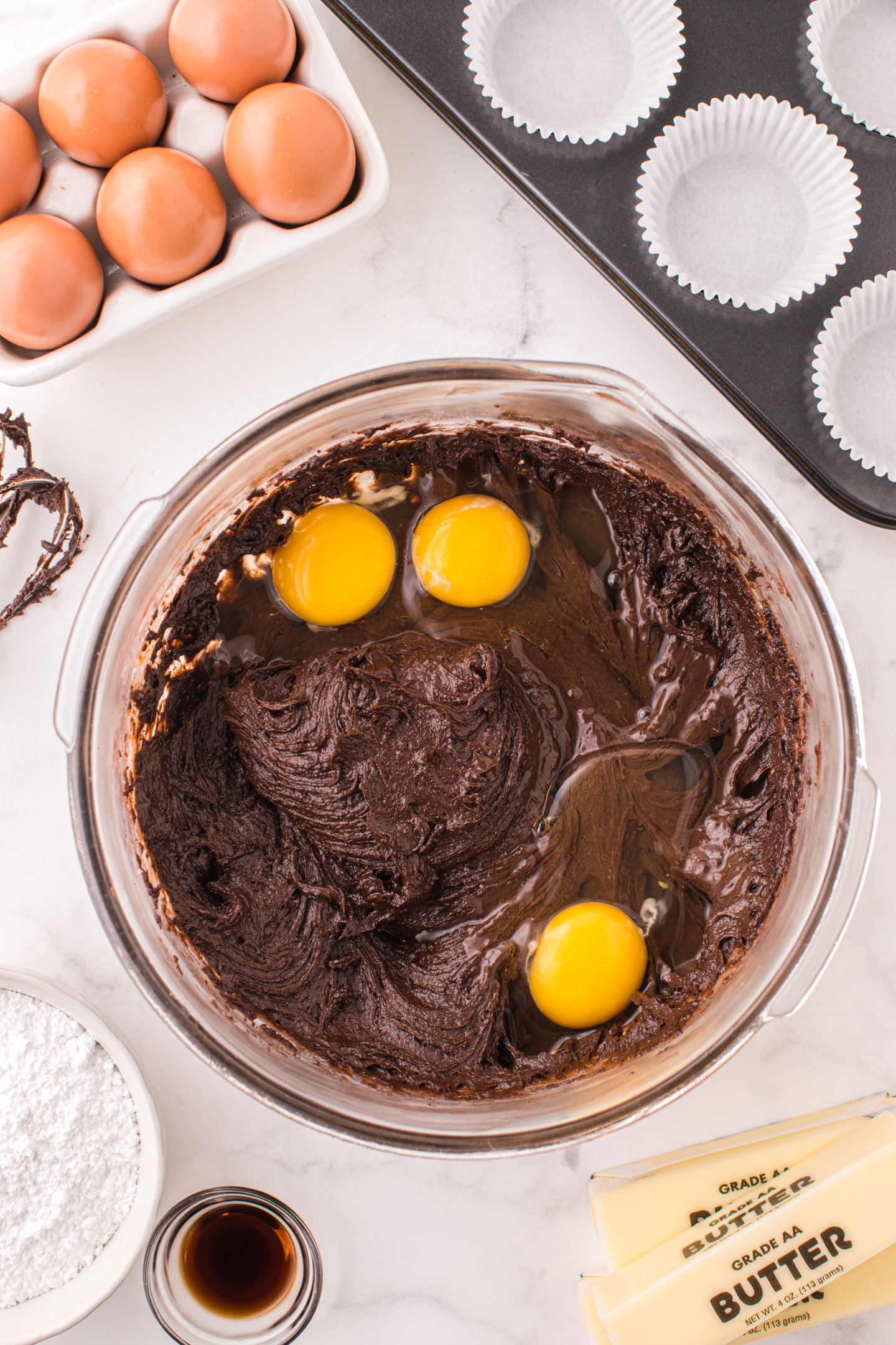 eggs added to chocolate cake batter