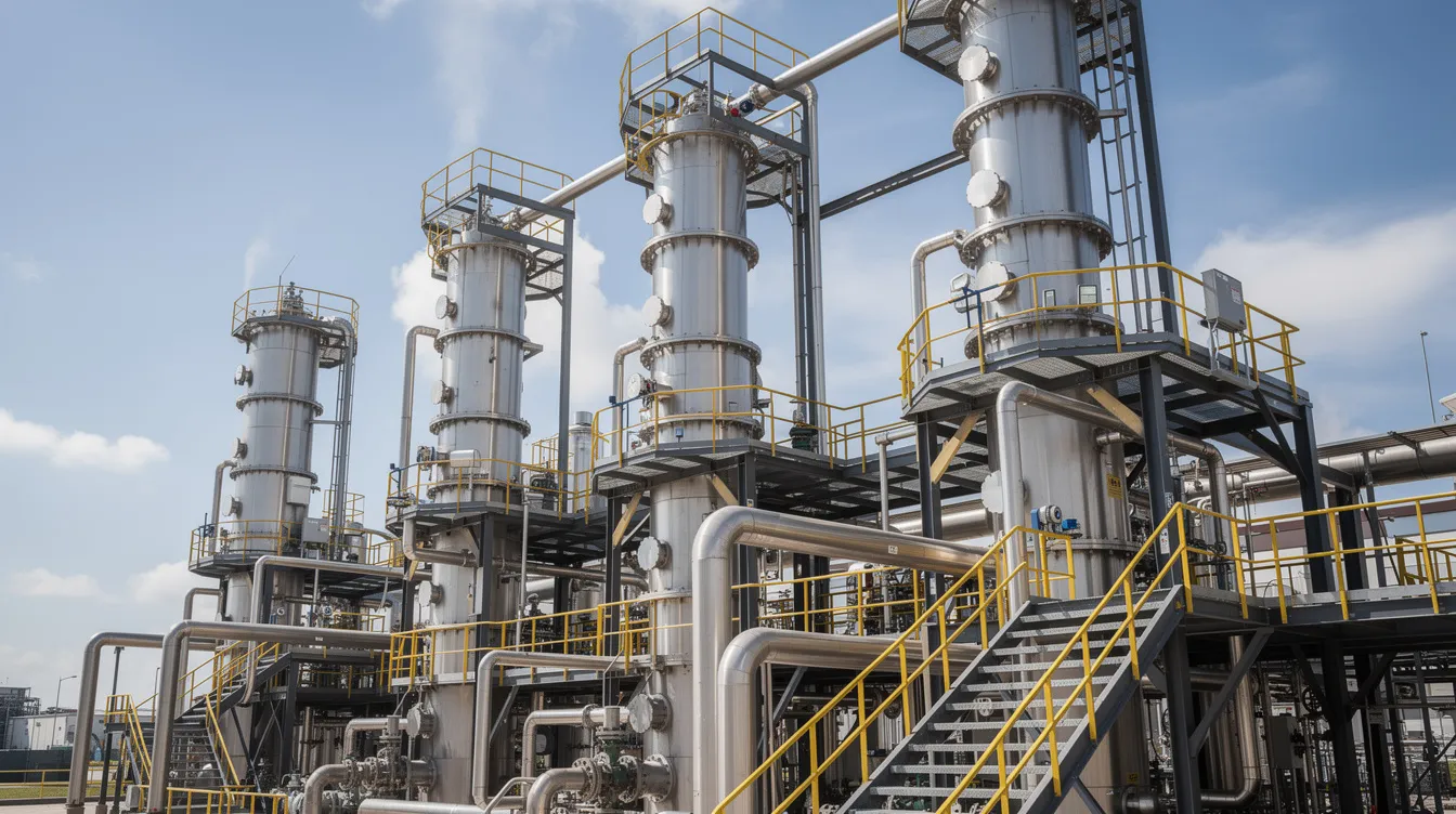 The image depicts tall stainless steel distillation columns, complete with intricate piping and platforms, set within a modern industrial chemical facility focused on ethanol production. This advanced ethanol manufacturing plant showcases key equipment essential for efficient processing and operational flexibility in producing ethanol from various feedstocks.