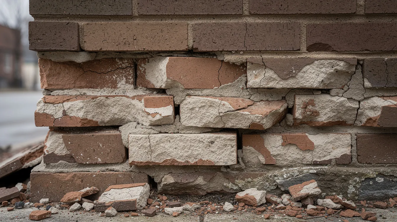 The image depicts a spalling brick face on the lower portion of an exterior building wall, showcasing deteriorating brickwork with visible brick cracks and crumbling mortar. This condition may indicate trapped moisture and potential future damage, affecting the structural integrity and stability of the masonry.