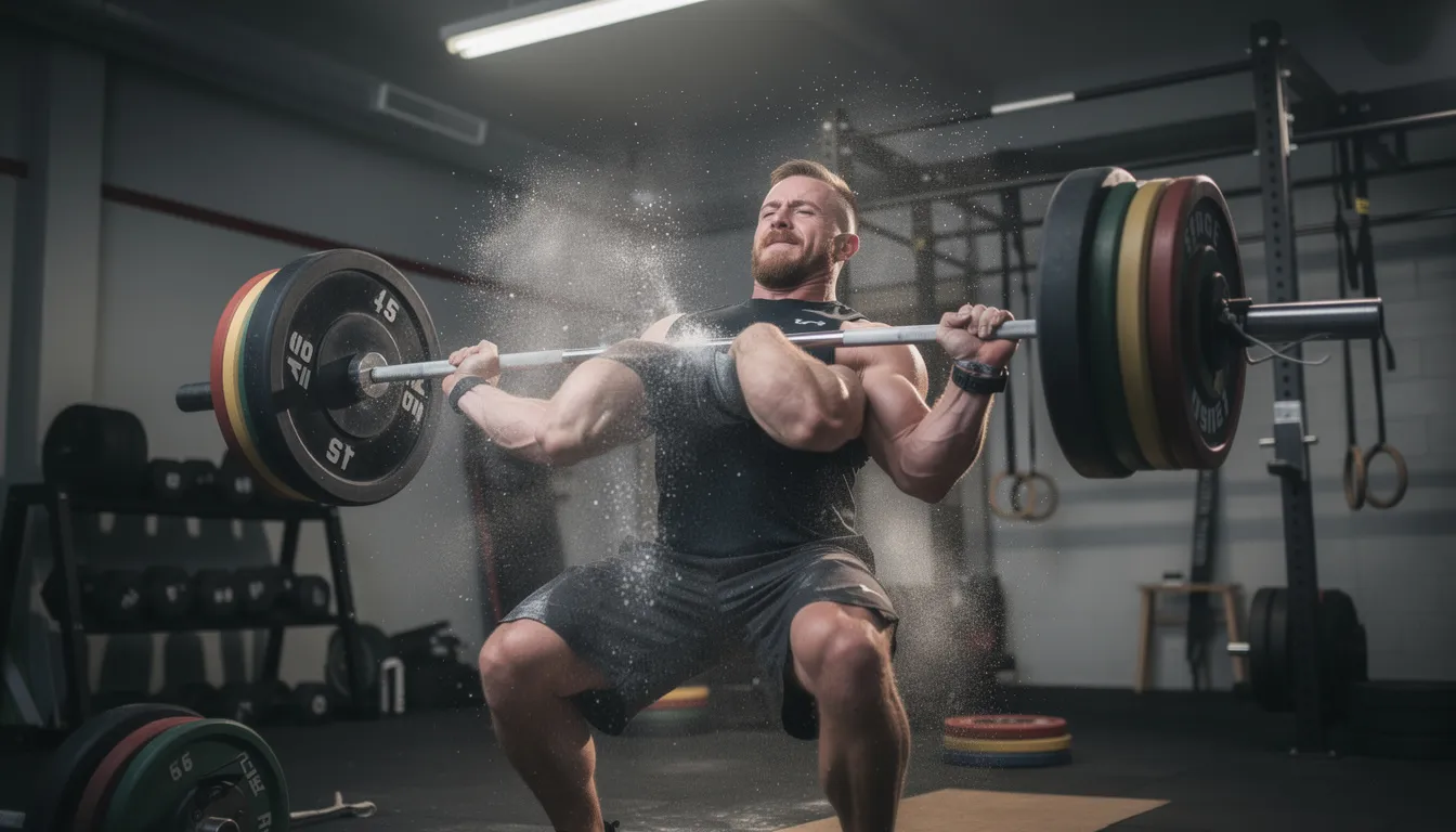A person is seen performing an explosive barbell lift in a gym, showcasing their strength and athleticism. This intense exercise is often supported by creatine supplementation to enhance muscle growth and improve exercise performance.