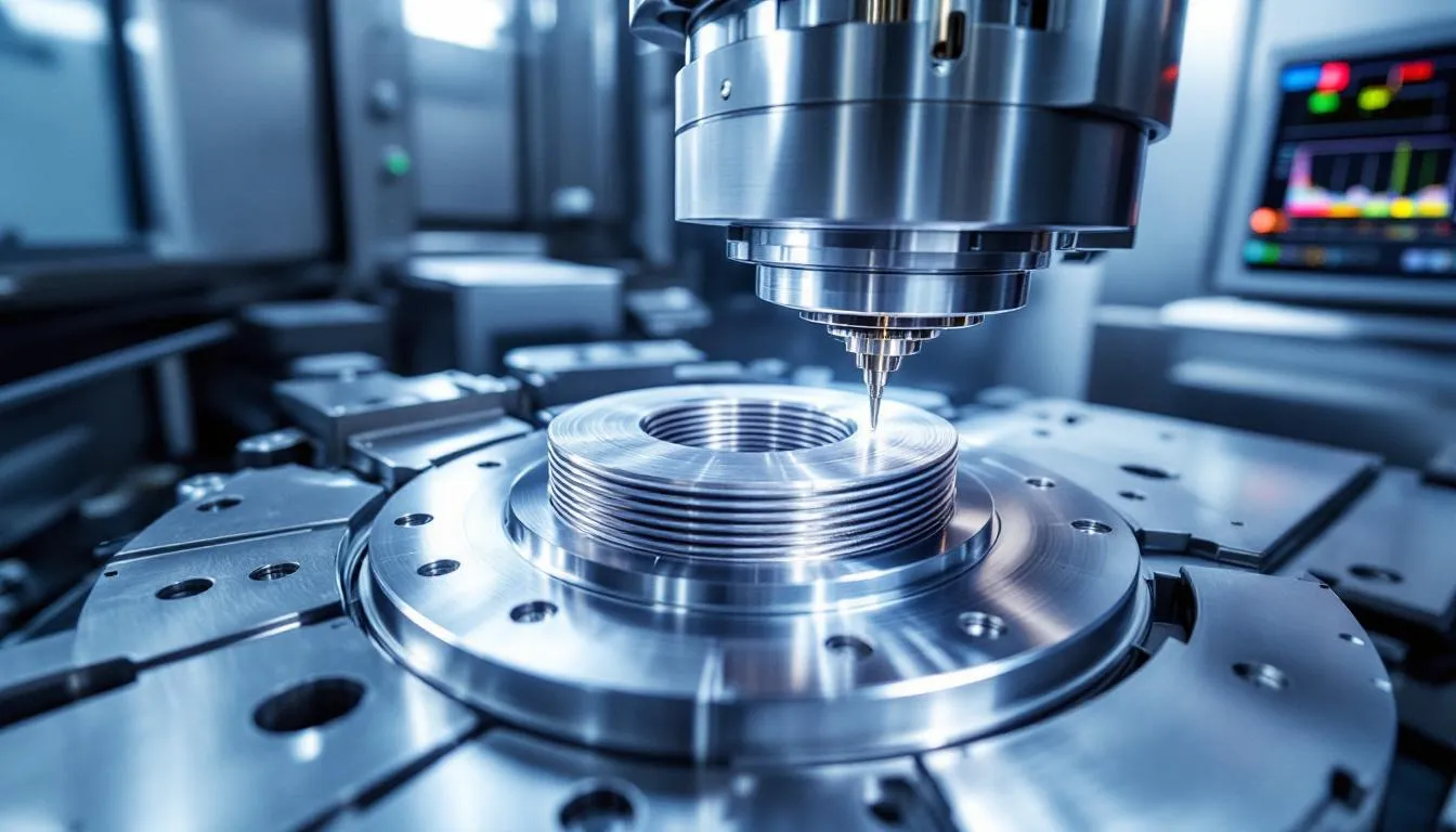 The image depicts a precision medical implant being machined on a five-axis CNC machine, showcasing the advanced capabilities of the equipment as it utilizes multiple rotary and linear axes to create intricate shapes and complex geometries with high precision. The setup highlights the intricate details and optimal angles achieved through 5-axis machining, ensuring tight tolerances and a high-quality surface finish.