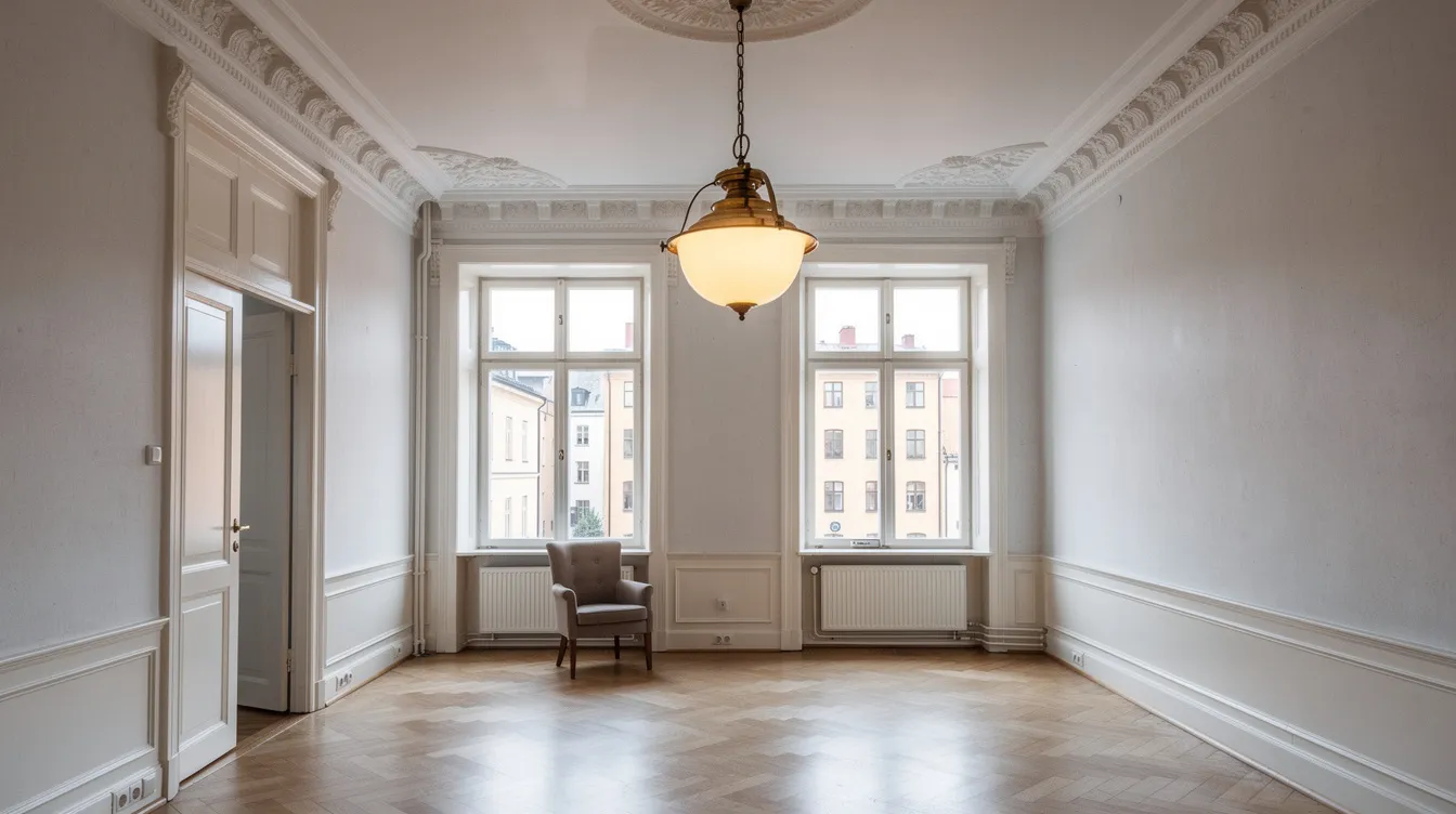 En sekelskifteslägenhet med högt tak där en hängande mässingspendel med opalglaskupa pryder rummet. Taklampan ger ett varmt och klassiskt ljus som harmoniserar med den tidstypiska inredningen.