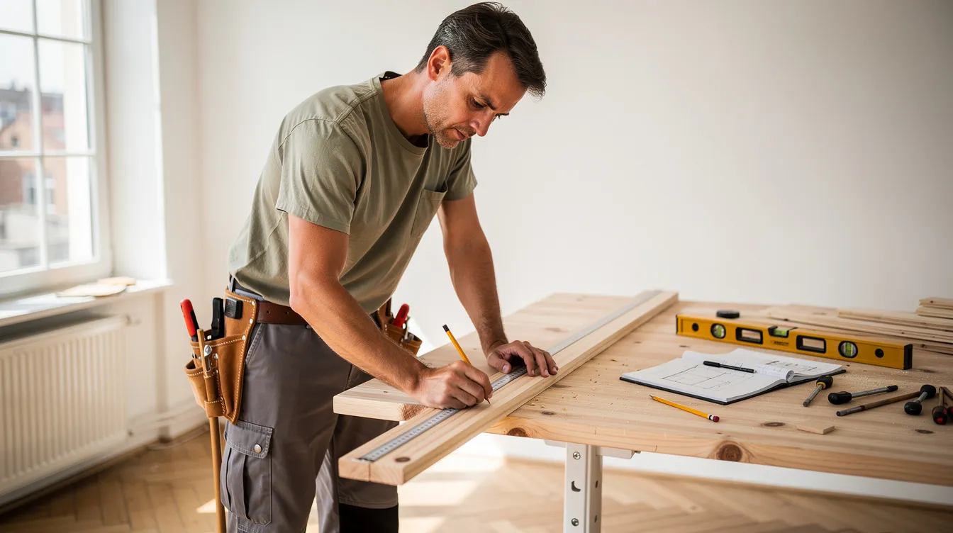 Un artisan menuisier prend des mesures dans une pièce lumineuse, entouré de matériaux en bois et d'outils de menuiserie. Cette scène met en avant son savoir-faire et son expertise pour un projet de rénovation à la Chapelle-sur-Erdre.