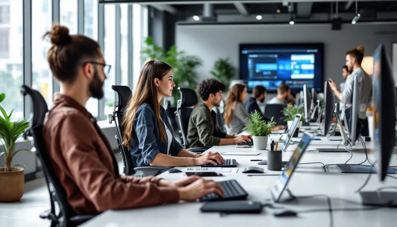 In a modern office, several people are focused on their tasks while working with desktop computers and tablets. The environment suggests a collaborative atmosphere, likely involving digital marketing strategies and social media management.