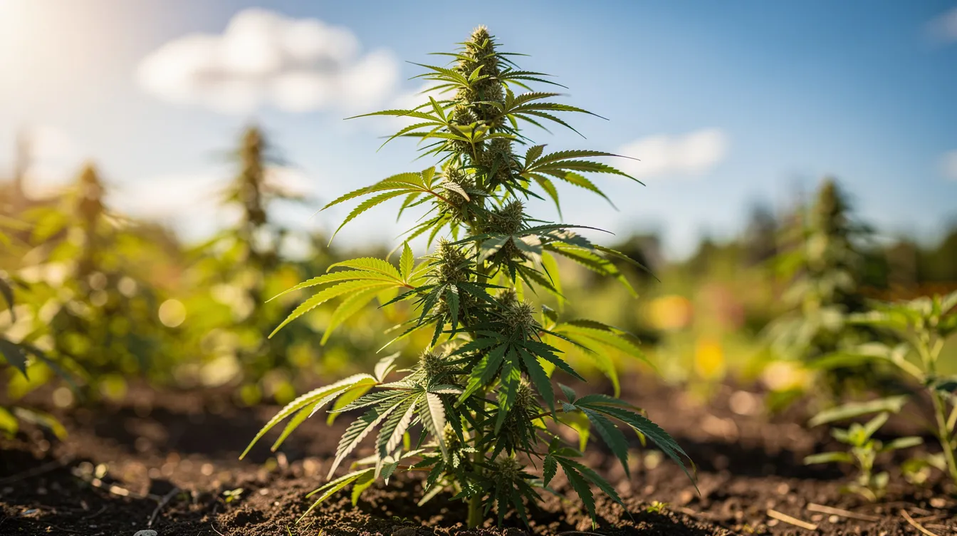 A tall cannabis plant with bright green leaves stands proudly in a sunny outdoor garden, showcasing the vibrant growth typical of the pineapple express strain. The clear blue sky provides a perfect backdrop, highlighting the plant's potential for high yields and its tropical aroma, appealing to both cannabis enthusiasts and medical marijuana patients alike.
