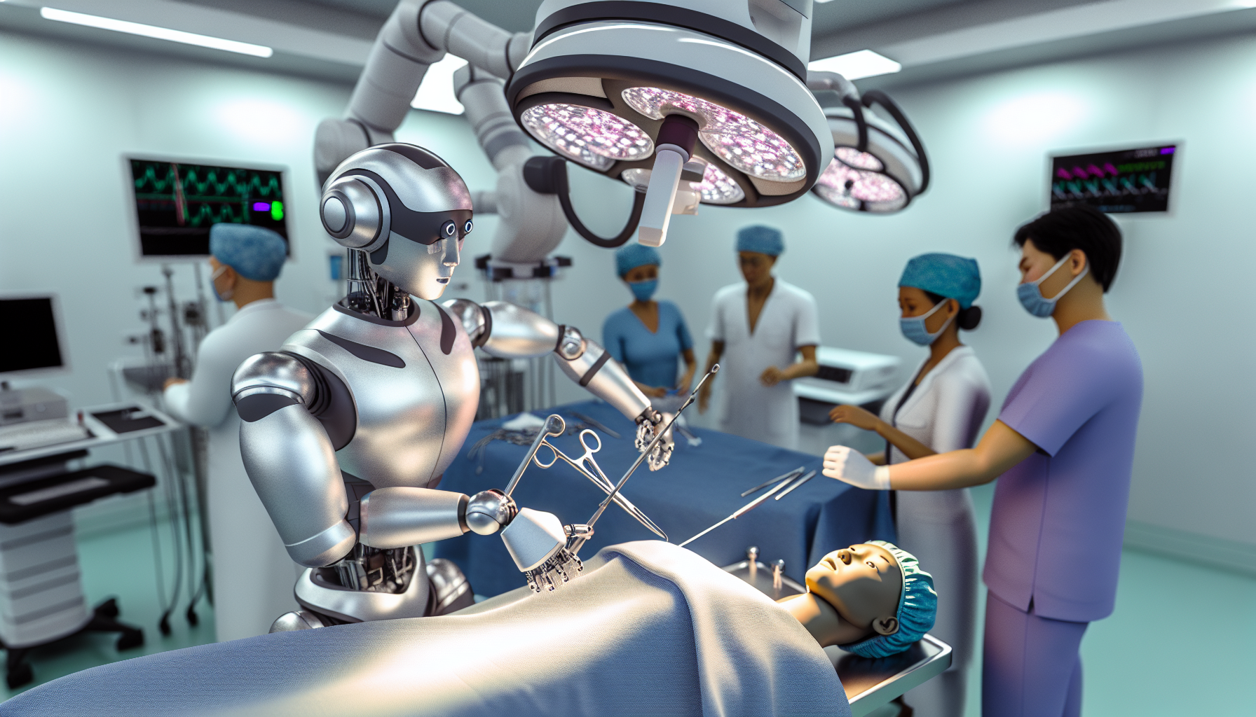 Humanoid robot performing surgery in a medical setting