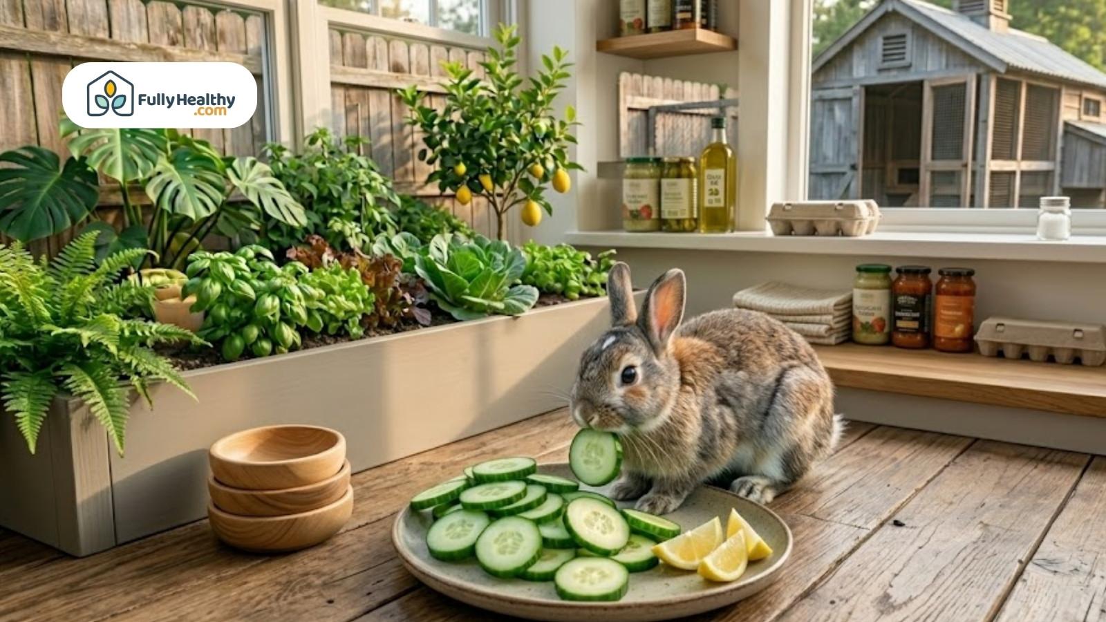Rabbit eating cucumber slices on plate inside bright kitchen garden setting