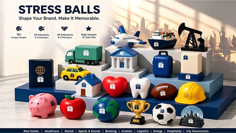 showing industry-shaped promotional stress balls including house, heart, tooth, football, hard hat, piggy bank, and apple designs, neatly arranged in a clean flat lay, subtle TOMASCRAFTS branding