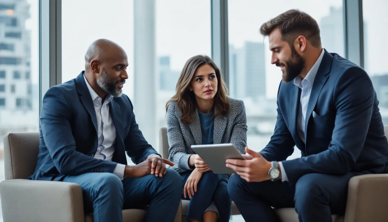 A family is seated around a table, engaging in a discussion about life insurance and retirement planning with a financial advisor. They are exploring various investment options and strategies for long-term financial security, emphasizing the importance of prudential retirement planning and the benefits of working with an annuity insurance company.
