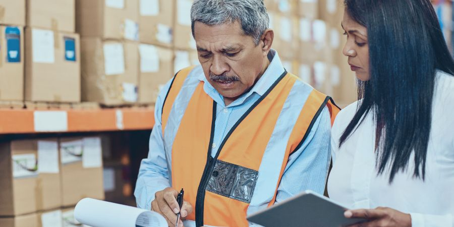 Warehouse manager and staff reviewing inventory paperwork in a storage area.