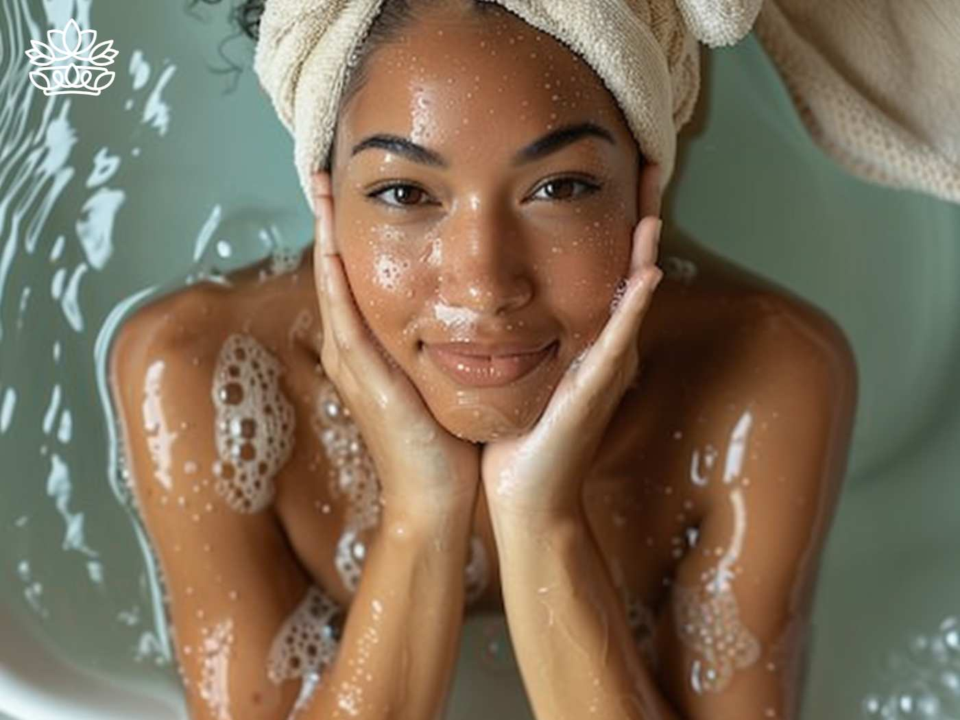 A serene young woman enjoying a luxurious bubble bath, with a head towel wrap, and a content smile, indicative of the pampering self-care experiences from Fabulous Flowers and Gifts.