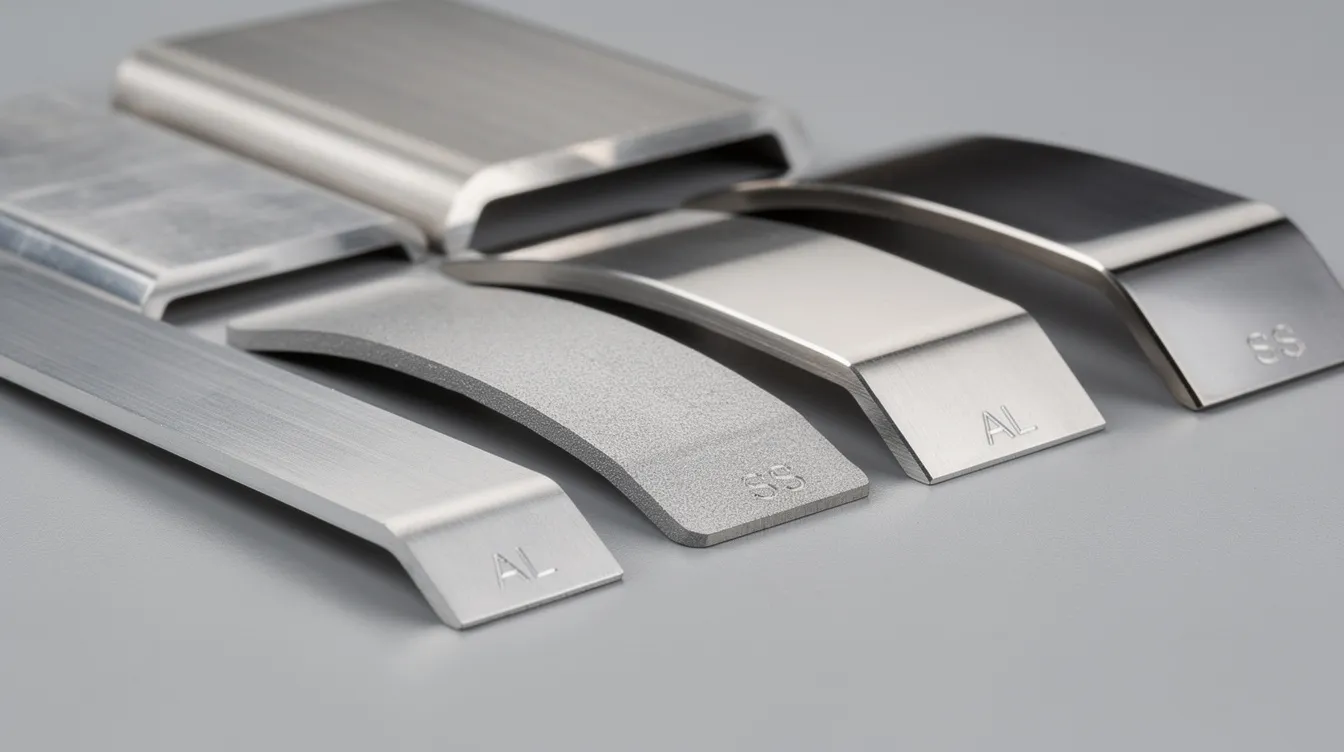 The image features a close-up view of bent aluminum and stainless steel sheet metal samples, showcasing various bend radii and surface finishes. Each sample highlights the intricacies of the sheet metal bending process, emphasizing differences in bend angles and material thickness.