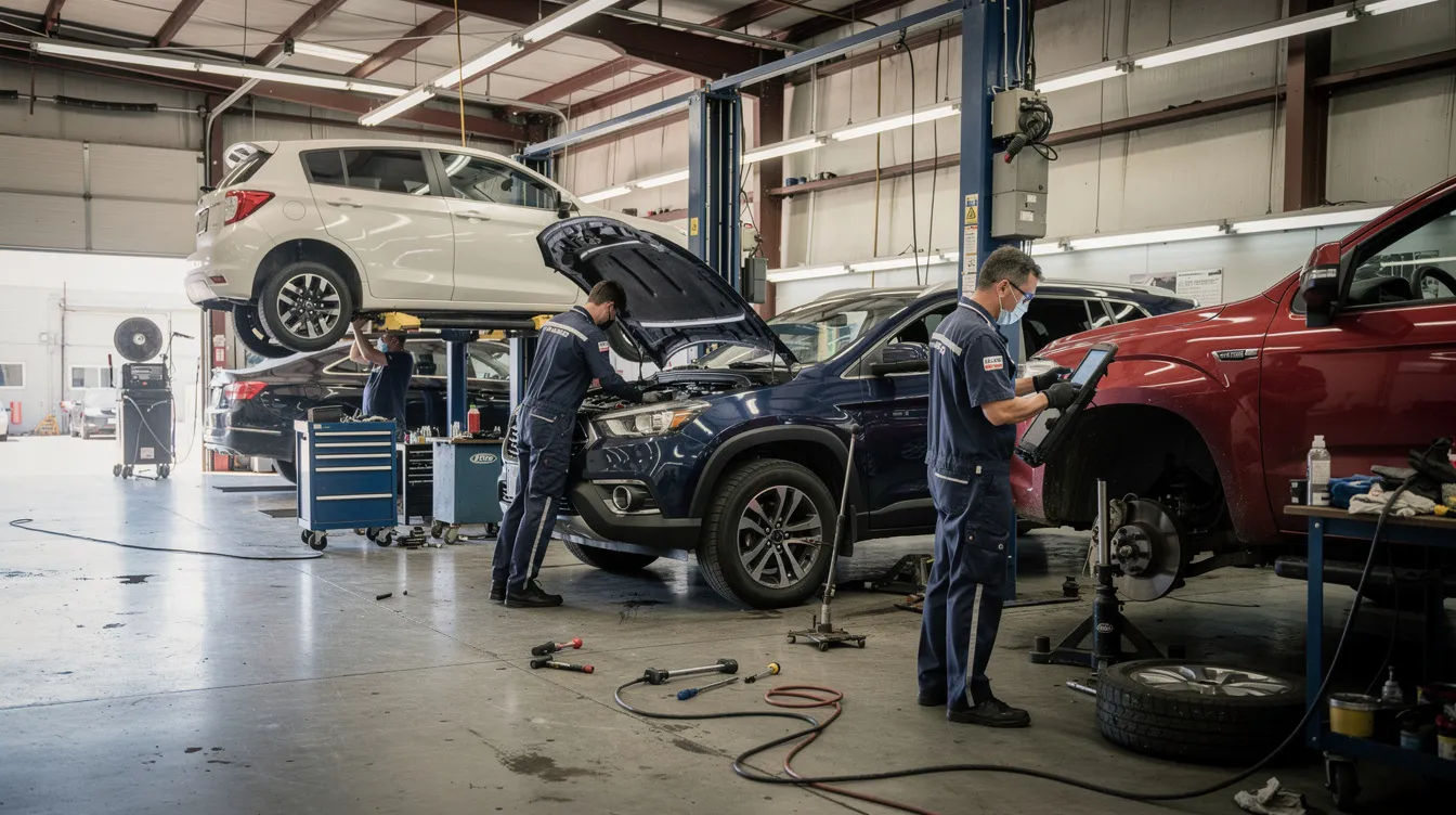The image depicts a busy auto repair shop service bay where multiple technicians are actively working on various customer vehicles. This scene highlights the dynamic environment of the auto repair industry, emphasizing the importance of adequate insurance programs like garage liability and employment practices liability insurance to protect shop owners from significant risks and potential legal costs.