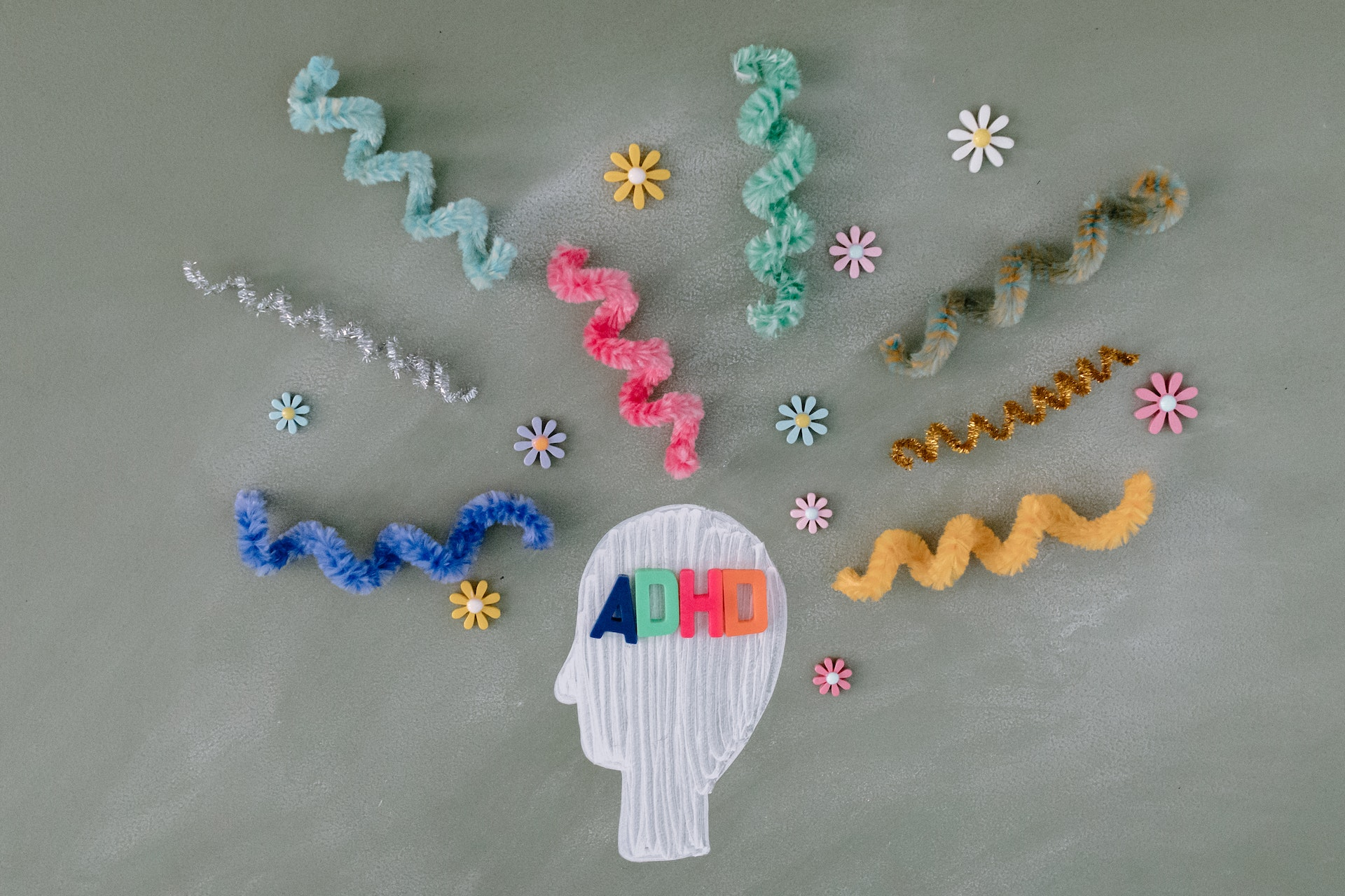 An outline of a person's head with "ADHD" written in the center surrounded by colorful squiggles