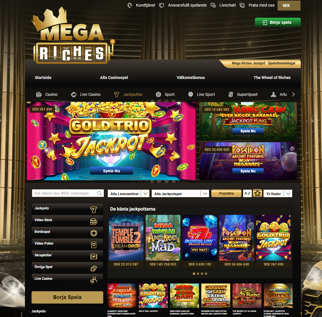 Startsida för jackpottar hos Mega Riches.