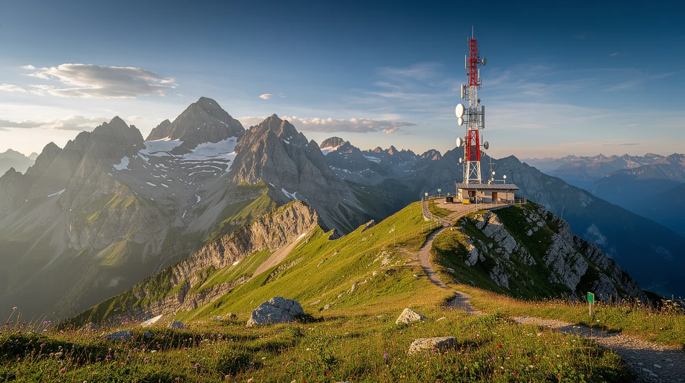Die Bildbeschreibung zeigt eine beeindruckende Berglandschaft der österreichischen Alpen, in der ein hoher Telekommunikationsturm sichtbar ist. Diese Szene vermittelt ein Gefühl von Freiheit und Natur, während der Turm auf die moderne Mobilfunkinfrastruktur hinweist, die in Österreich für eine zuverlässige Internetverbindung sorgt.
