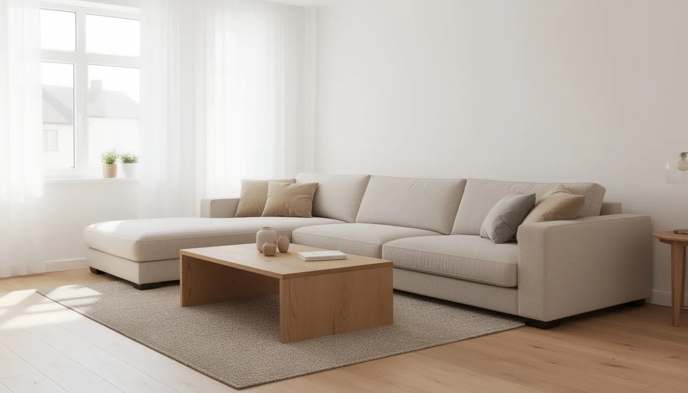 Ett öppet vardagsrum med en stor beige hörnsoffa som har mjuka sitsar, samt ett soffbord i ek. Rummet är ljust och inbjudande, vilket skapar en bra atmosfär för avkoppling och umgänge.