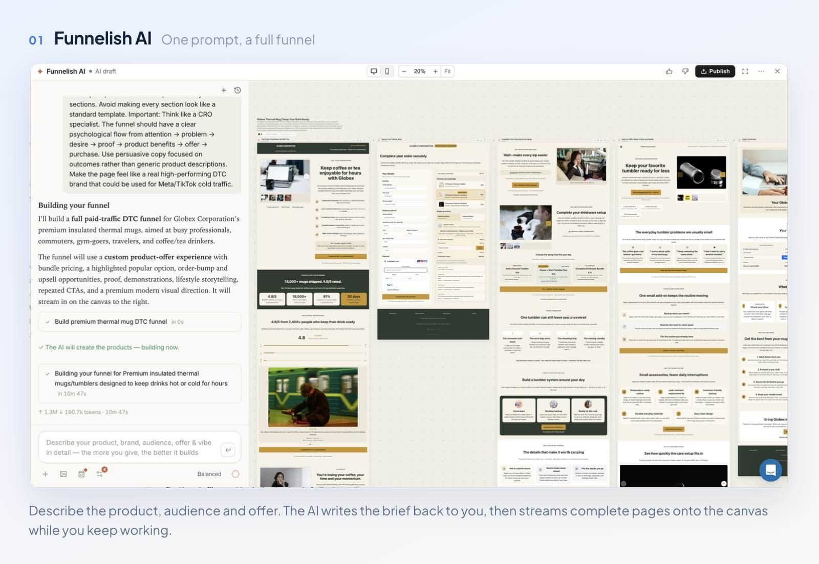 The Funnelish AI builder generating a complete DTC funnel from a prompt, with the brief on the left and the generated pages streaming onto the canvas