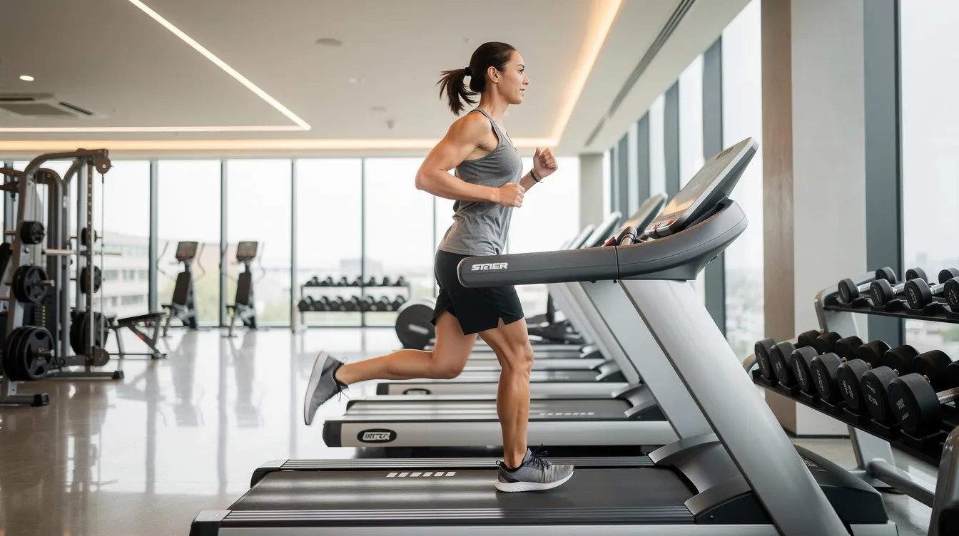 A person is running on a treadmill in a modern gym, surrounded by various fitness equipment, highlighting an active lifestyle that supports weight loss and boosts metabolism. The setting emphasizes the importance of fat burning and enhancing fat metabolism for achieving a healthy body composition.