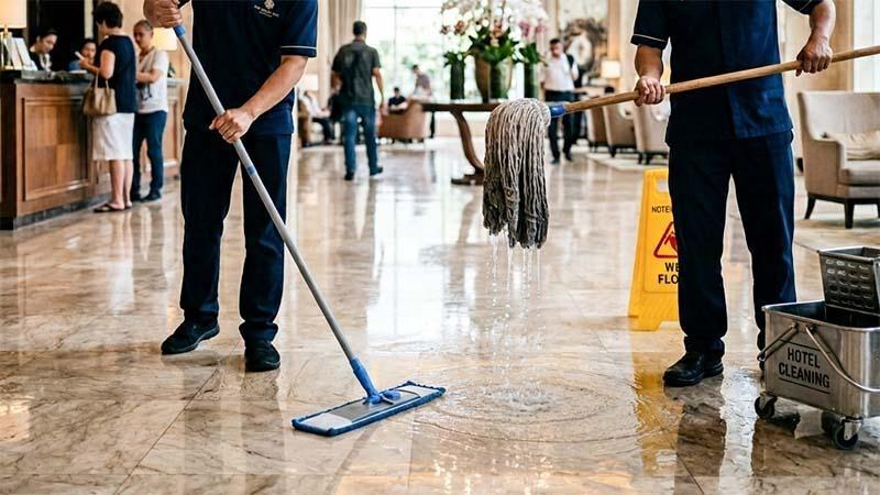Two hotel employees, one with a flat mop and the other with a string mop