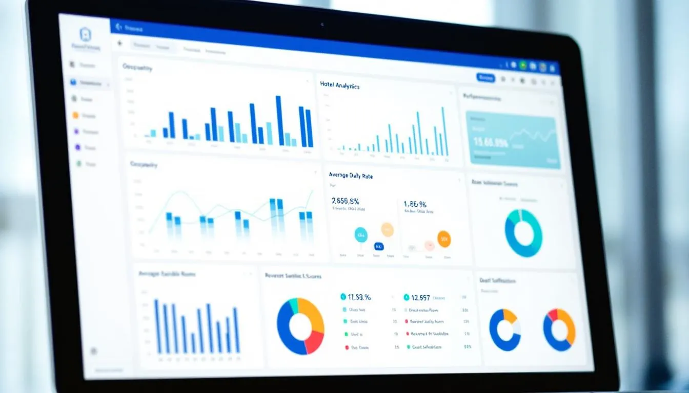 A computer screen displays a hotel analytics dashboard featuring various performance charts, highlighting key metrics such as guest satisfaction, pricing strategies, and competitive analysis against the hotel's competitive set. This visual tool aids in making strategic decisions to enhance the hotel’s market positioning and maximize revenue within the hospitality industry.