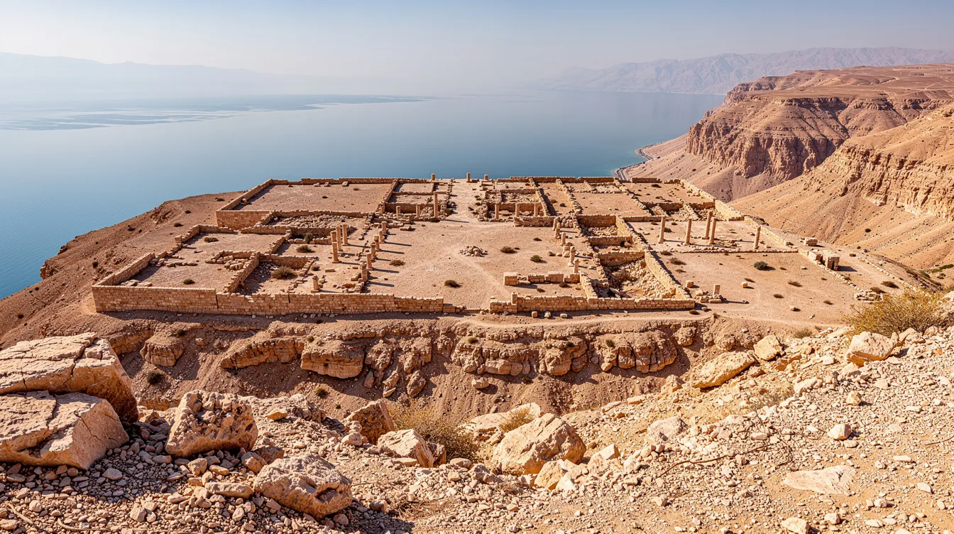 A panoramic view showcases the dry, rocky desert terrain overlooking the Dead Sea, with ancient stone ruins of the Qumran community visible on a plateau, hinting at the historical significance of the Essene movement and its connection to the Dead Sea Scrolls. The rugged landscape reflects the region's biblical heritage and its role in early Jewish thought and monastic life.