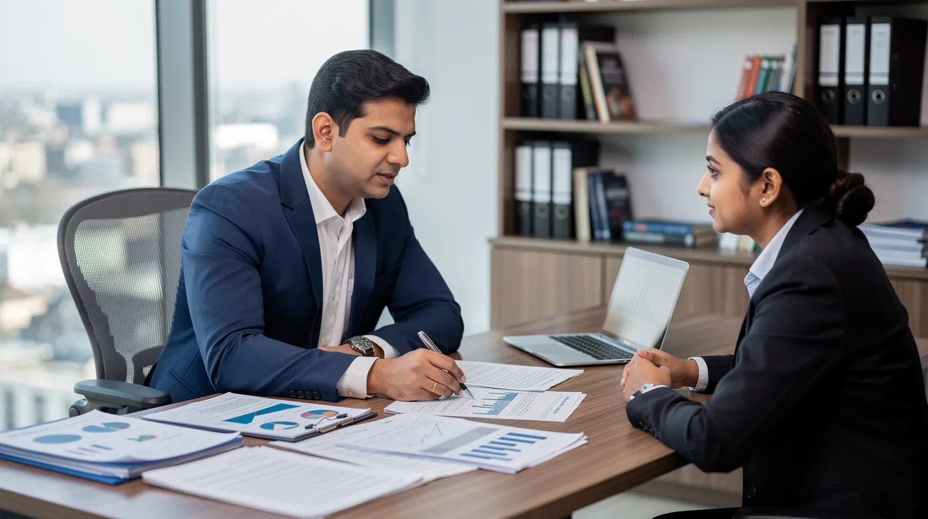 c683082e e29b 46c9 816f 5de073f38b4b An Indian chartered accountant is seated at a desk in an office, collaborating with a client as they review various financial documents. The scene emphasizes a professional atmosphere, highlighting the importance of detailed project reports and financial projections for business loan applications, such as those related to the Mudra loan scheme.