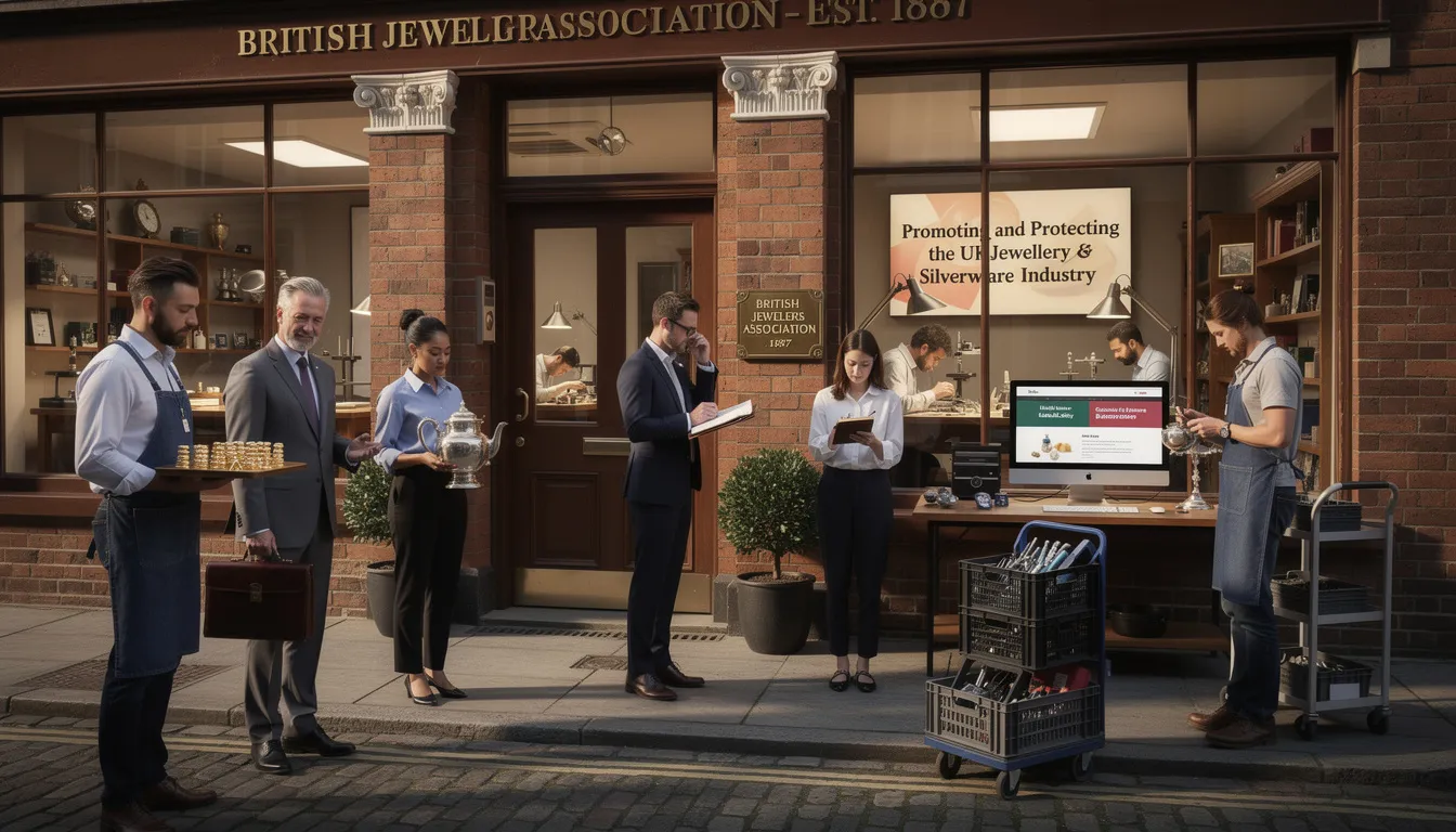 The image depicts the headquarters of the British Jewellers Association (BJA) located in Birmingham’s historic Jewellery Quarter, symbolizing the leading voice in the UK jewellery industry. It represents a national association committed to promoting professionalism, integrity, and support for its members, which include manufacturers and designers in the jewellery business.
