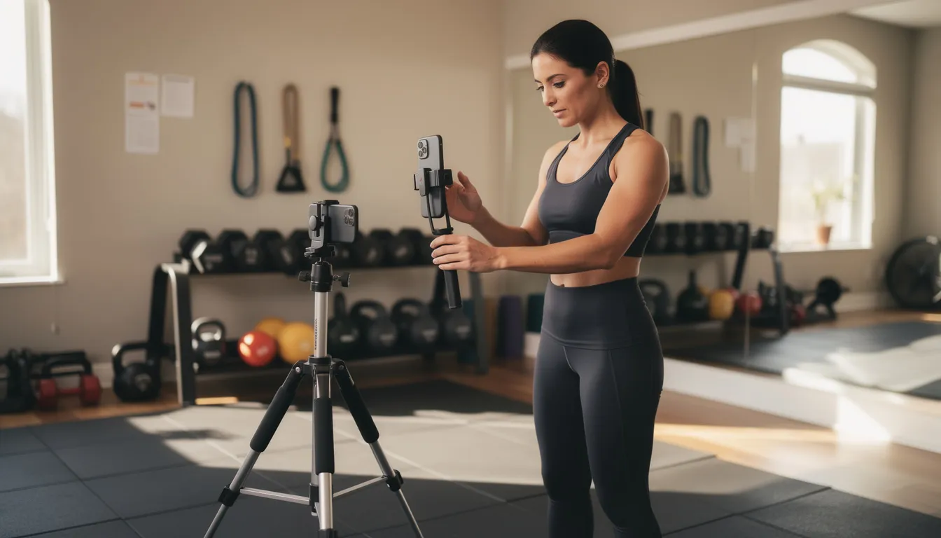 A person is setting up their smartphone on a tripod in a home gym, preparing to film a workout session. This scene highlights the growing trend of influencers creating online content to share workout plans, supplement advice, and tips, aiming to inspire health, wellness, and fitness enthusiasts on social media platforms.