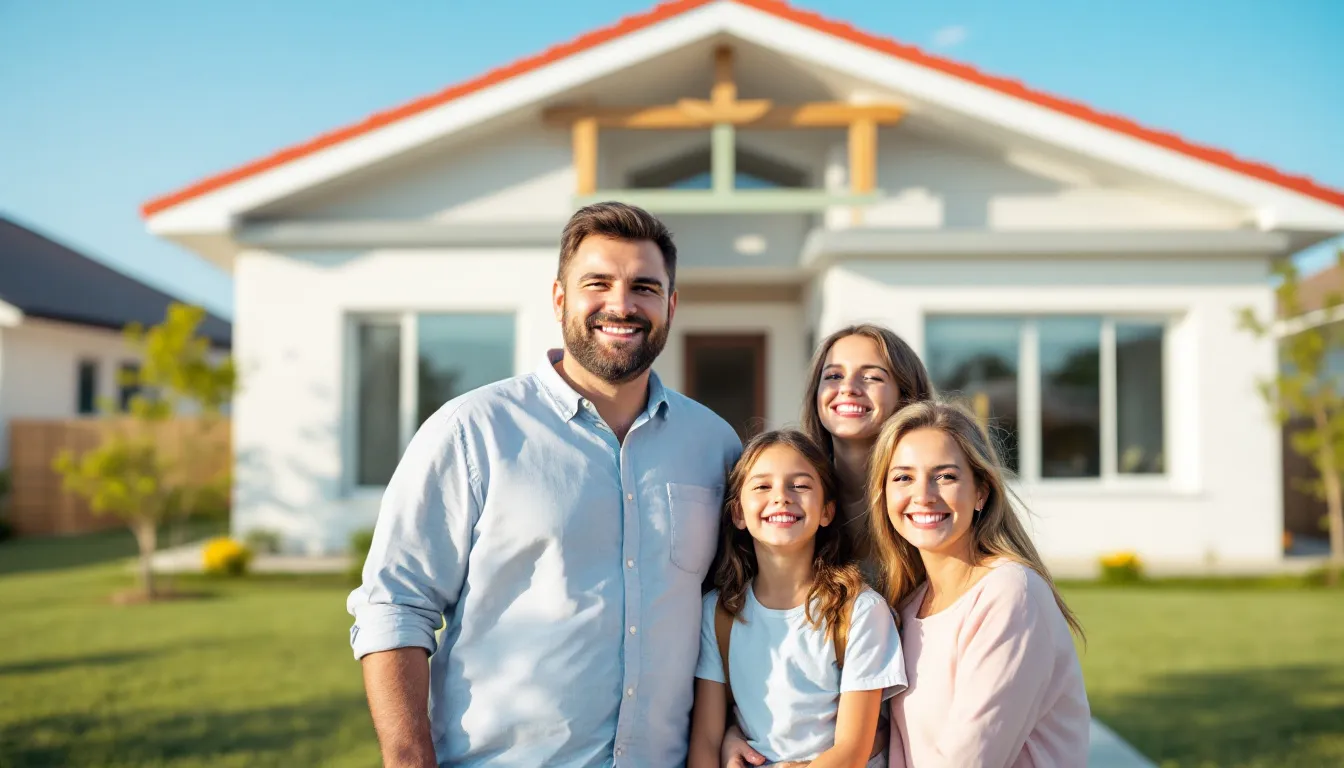 Uma família feliz, composta por pais e filhos, está sorrindo em frente à sua nova casa, simbolizando a realização do sonho da propriedade. O cenário reflete a alegria de uma nova aquisição de bens imóveis, que pode envolver questões como isenção do ITBI e benefícios fiscais.