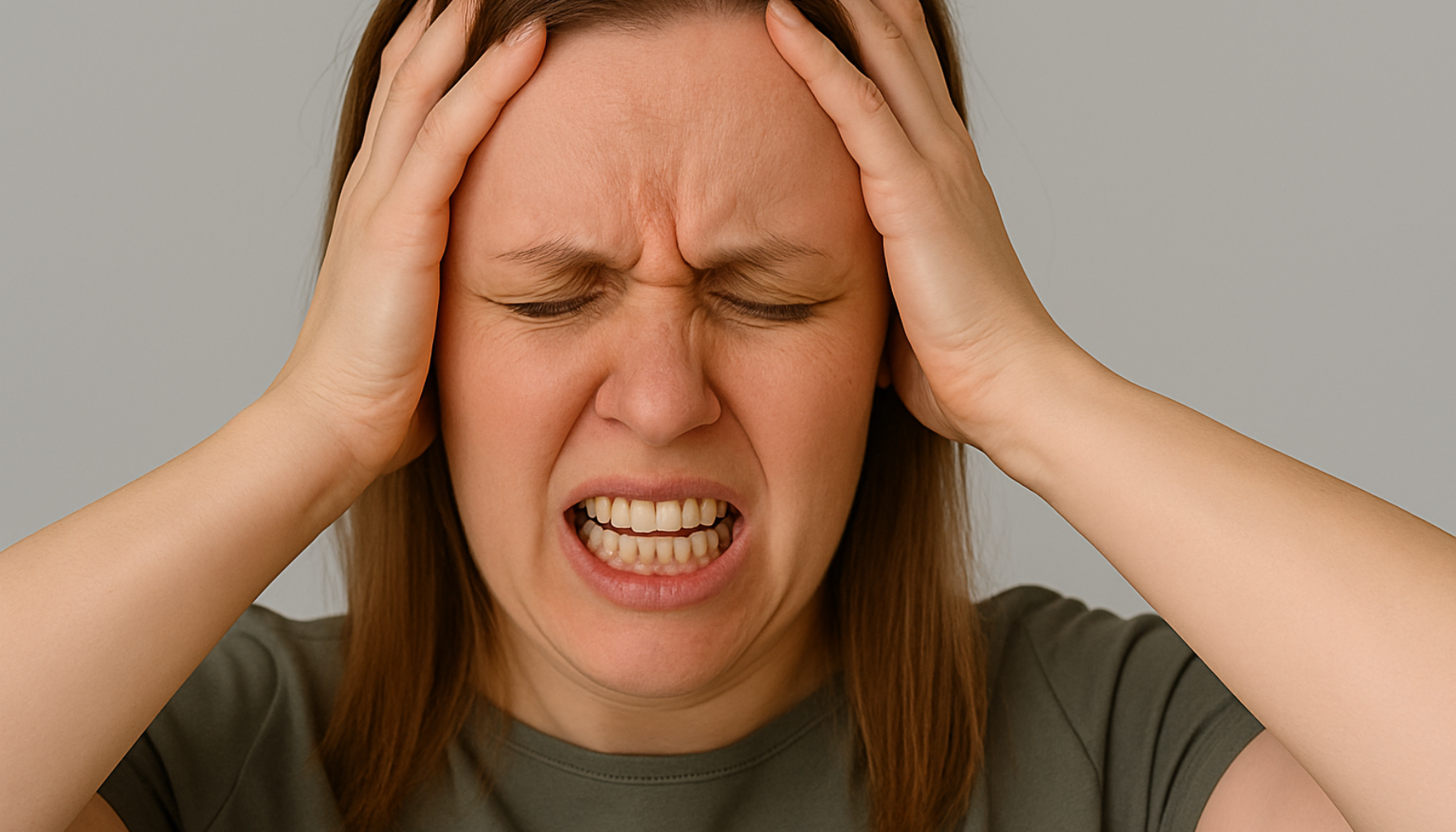 Kvinne med lukkede øyne og hendene på hodet – tydelige tegn på stress.