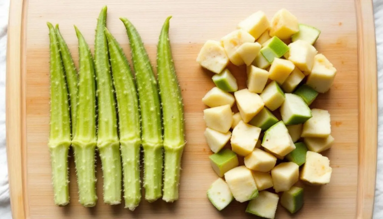 The image shows a side-by-side comparison of raw okra pods, which are long and green with a ridged surface, next to bite-sized pieces of cooked okra that appear tender and slightly browned. This visual highlights the different preparations of okra, a healthy addition to both human and dog diets, showcasing its versatility as a nutritious snack.