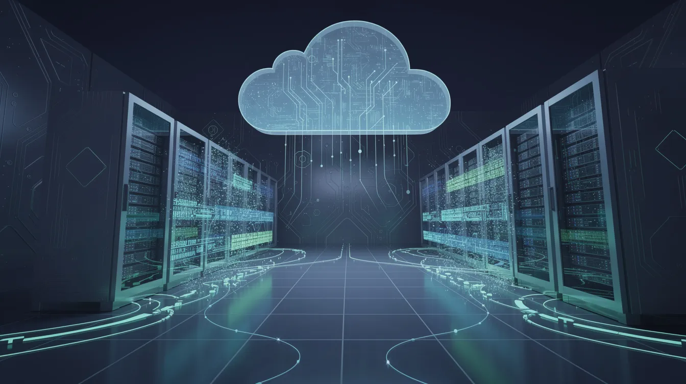 The image features an abstract representation of a cloud server room illuminated by blue and green lights, symbolizing the concept of distributed computing. This visualization reflects the complex architecture of large language models and neural networks, emphasizing their role in processing vast amounts of input data for tasks like natural language processing and generative AI.