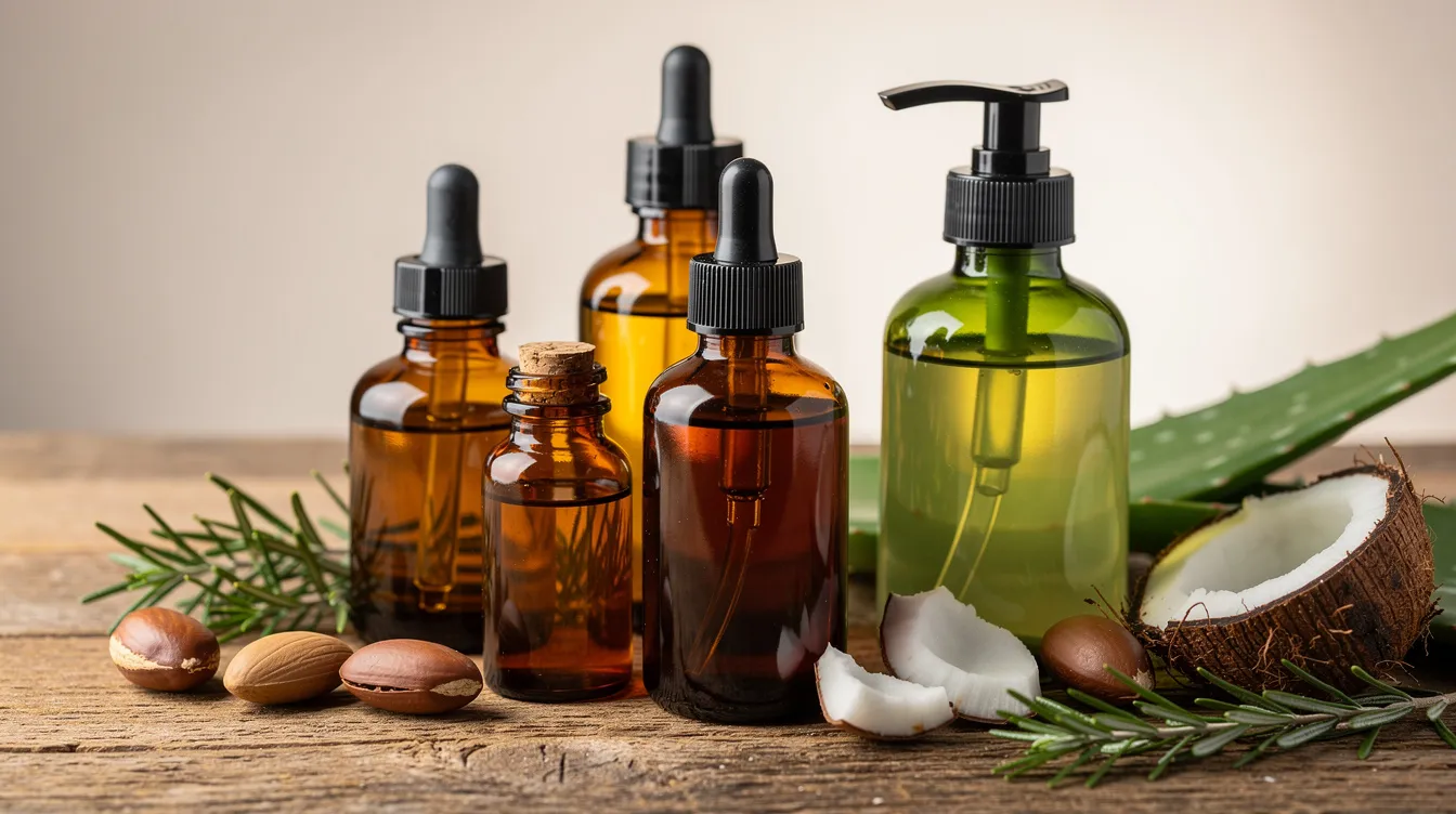 The image features an assortment of glass bottles filled with various natural hair oils, including jojoba, rosemary, and lavender oil, all beautifully arranged on a rustic wooden surface. These oils are essential for promoting hair growth and maintaining healthy hair and scalp, making them key components of a nourishing hair care routine.