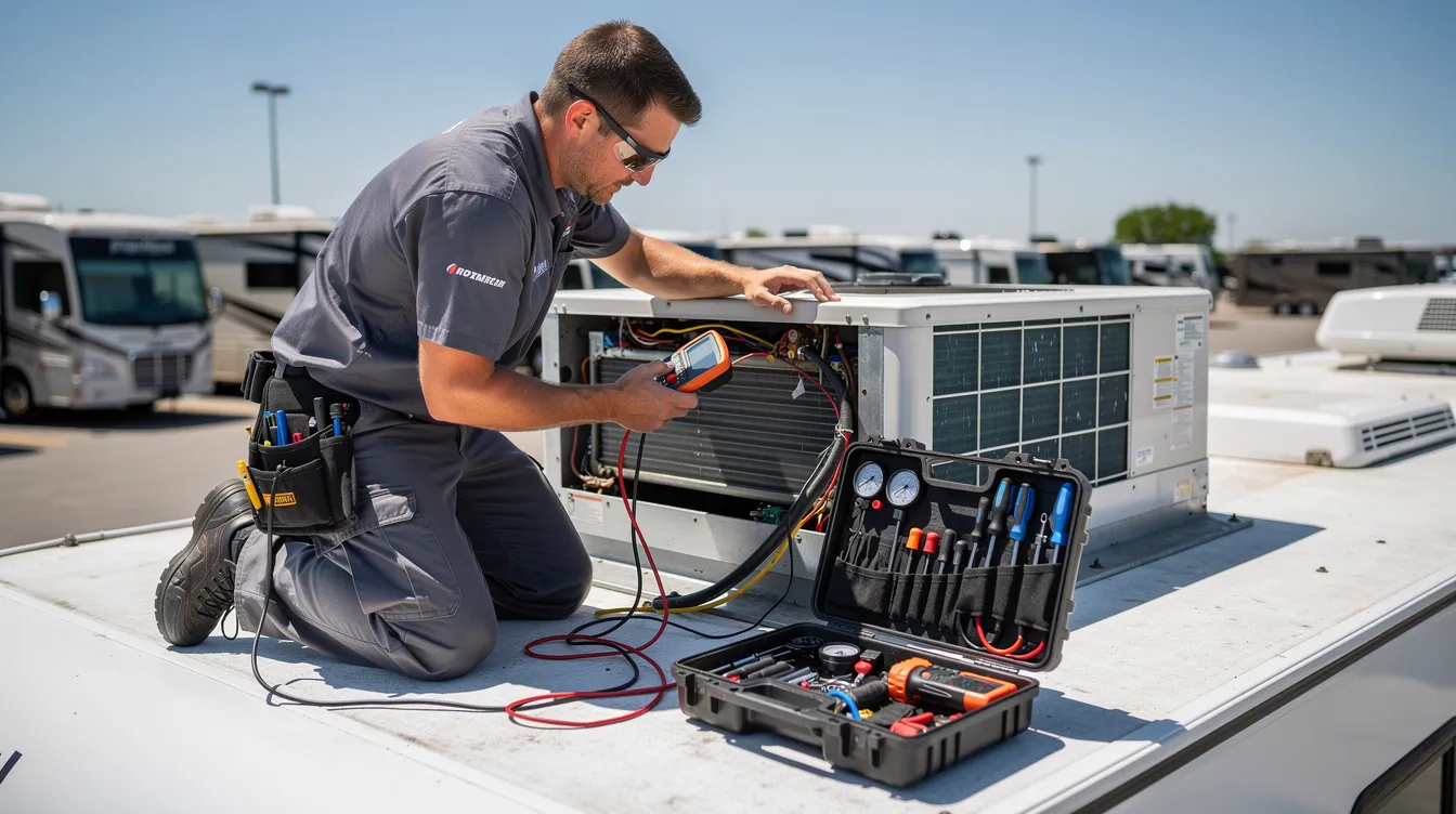 A certified technician is inspecting an RV rooftop air conditioning unit using diagnostic tools, ensuring proper functionality for RV owners. This routine maintenance is part of mobile RV repair services, providing convenience and expertise for those preparing for their next camping trip.