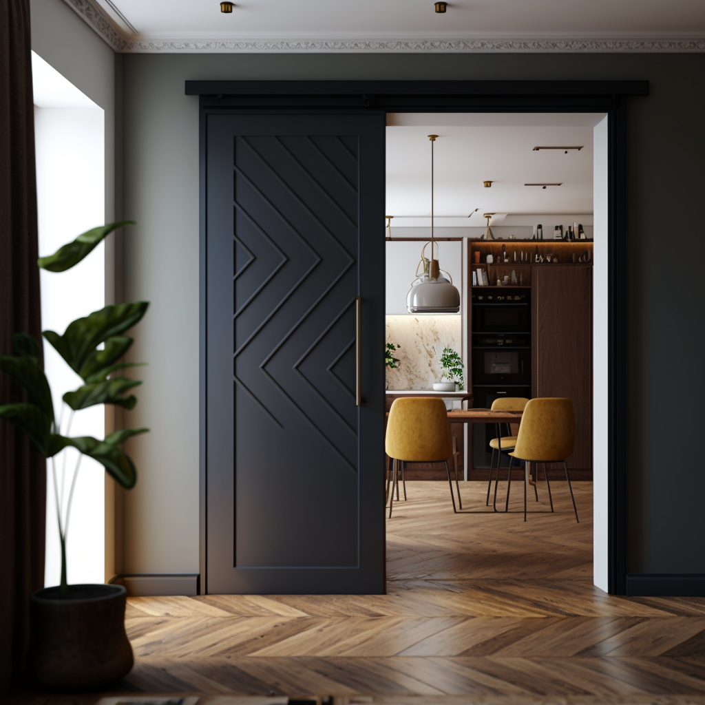 Sliding pocket door systems looking through to kitchen and dining area