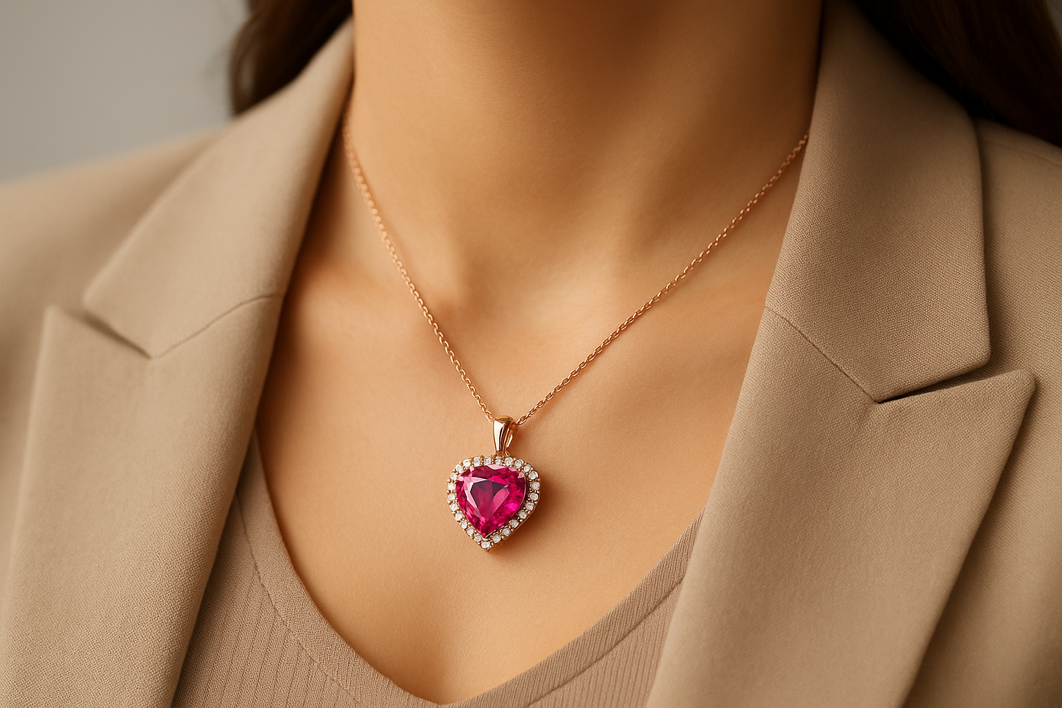 Stilingos moters kaklas su širdelės formos rožinio turmalino pakabuku, apsuptu deimantų
