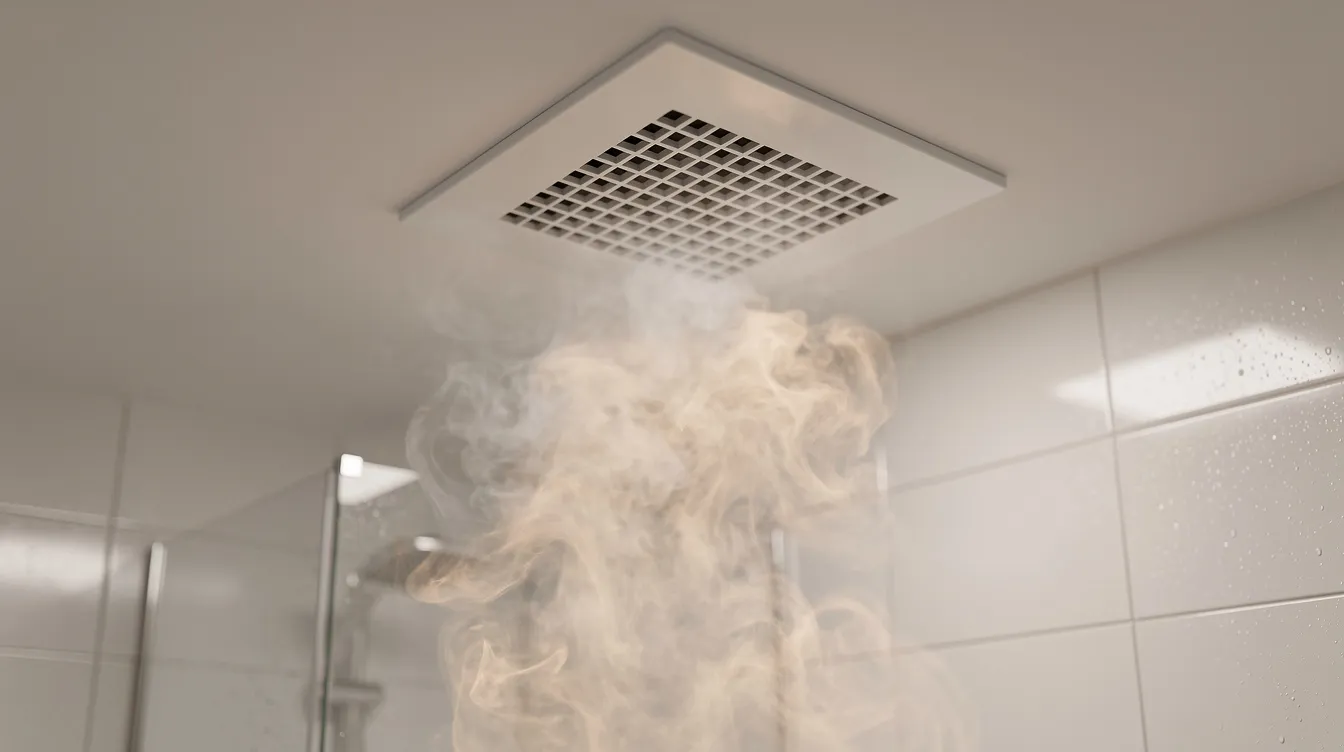 A bathroom exhaust fan is mounted in the ceiling, with steam rising toward it from a shower, indicating high moisture levels that could lead to mold growth if not properly ventilated. Ensuring good airflow helps prevent mold spores from settling on porous surfaces in the damp areas of the bathroom.