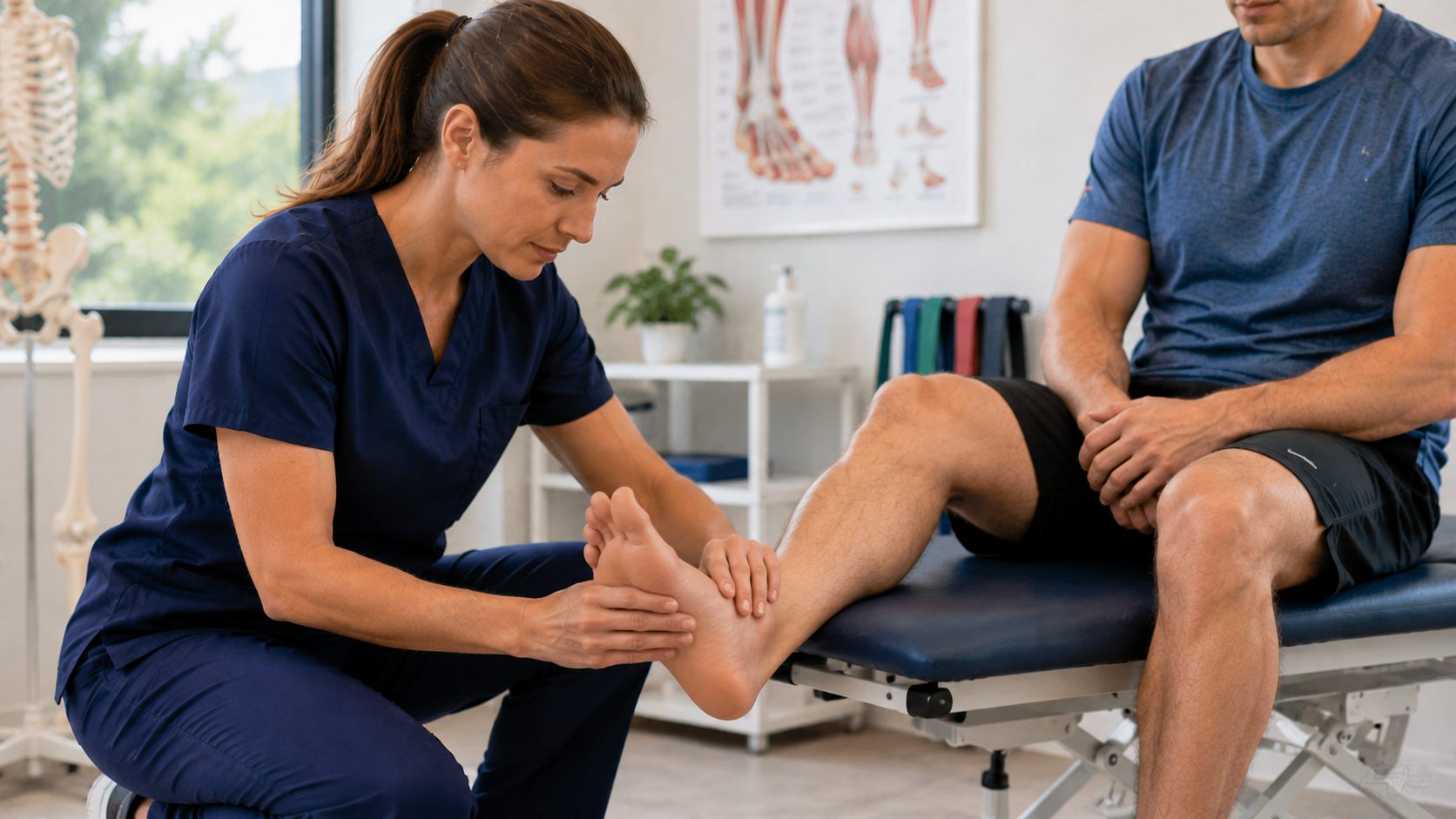 Physical therapist examining a runner’s foot and ankle during treatment for outer foot pain and running-related injuries.