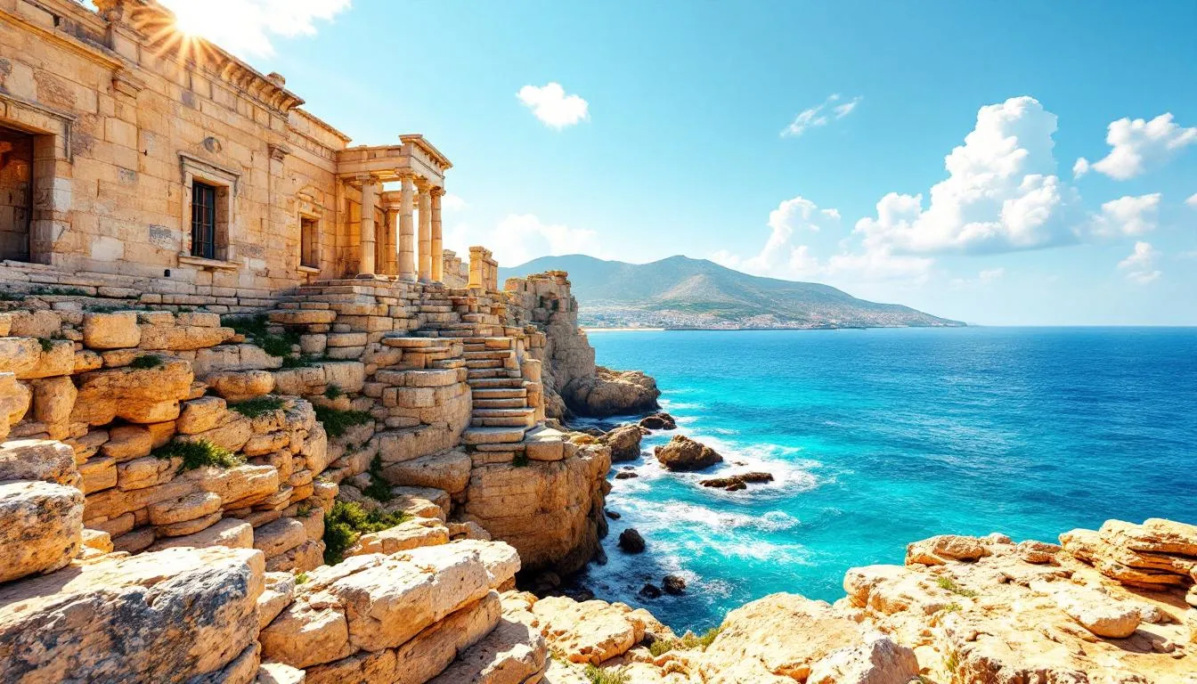 Widok na Akropol w Lindos, z malowniczym tłem morza Egejskiego.